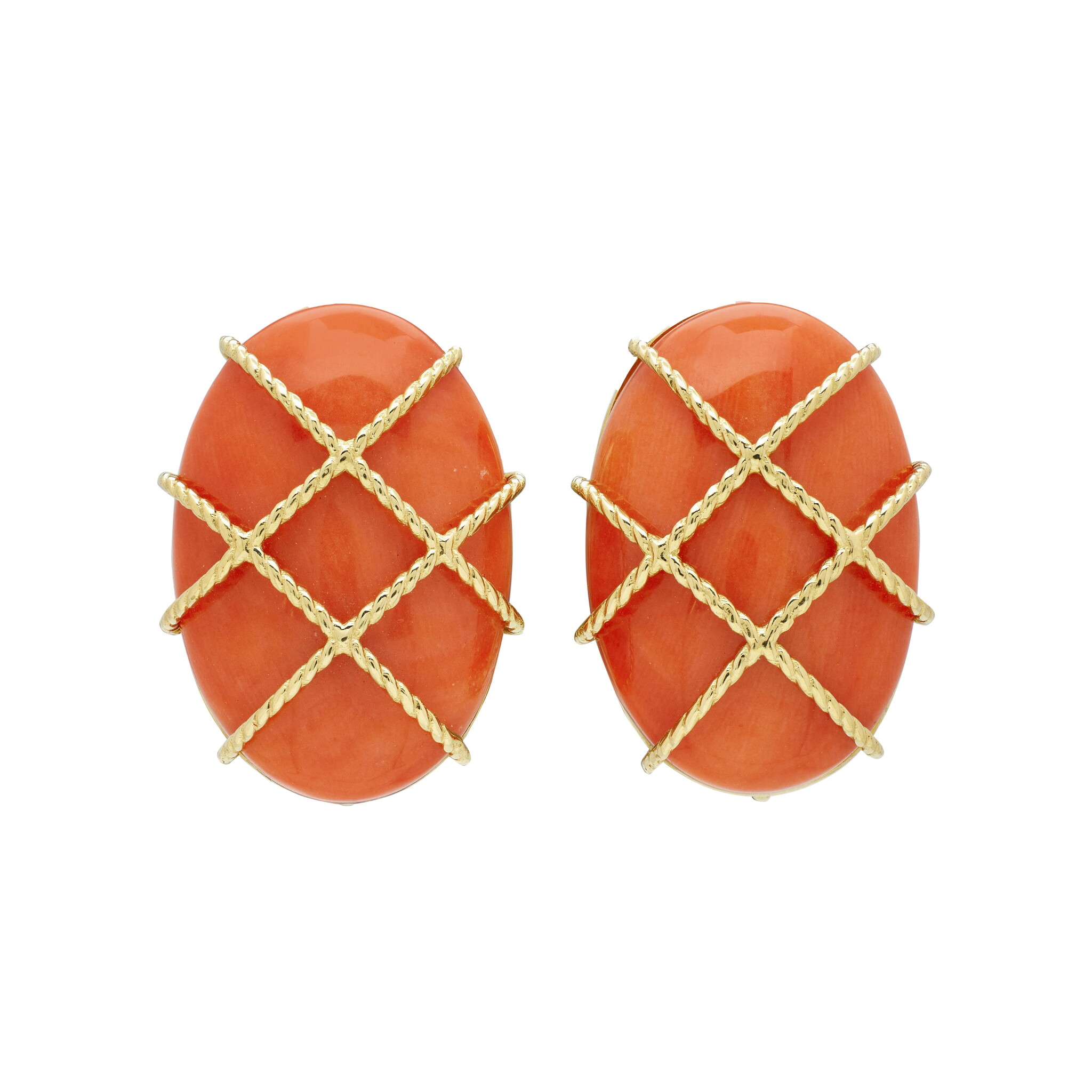 Gold and Coral Earclips — view 1