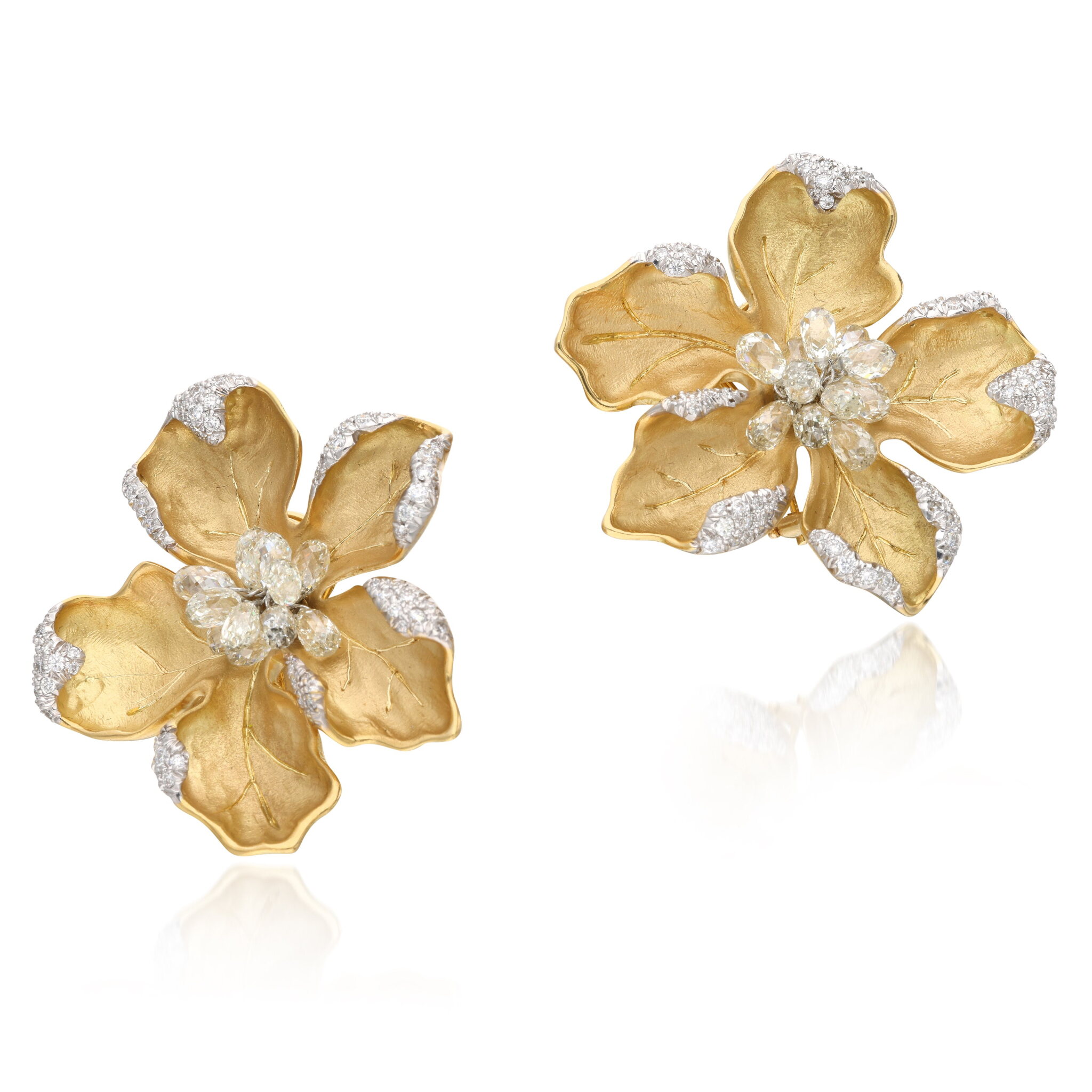 Gold and Diamond Flower Earclips — view 1