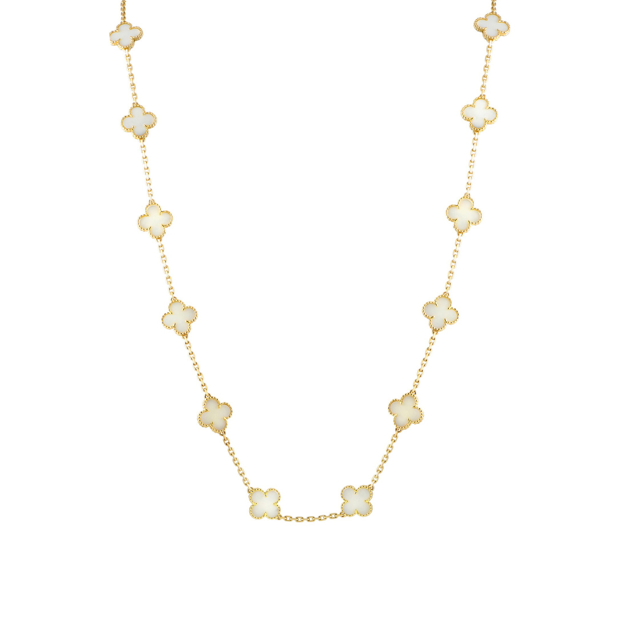 Gold and White Coral Vintage Alhambra 20 Motifs Long Necklace — view 1