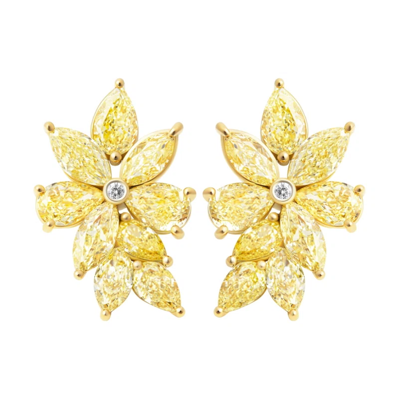 Gold, Yellow Diamond and Diamond Cluster Earrings