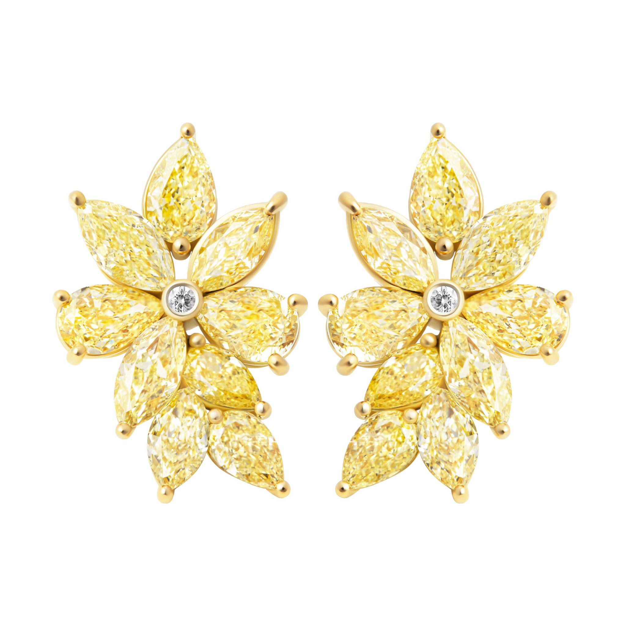 Gold, Yellow Diamond and Diamond Cluster Earrings — view 1