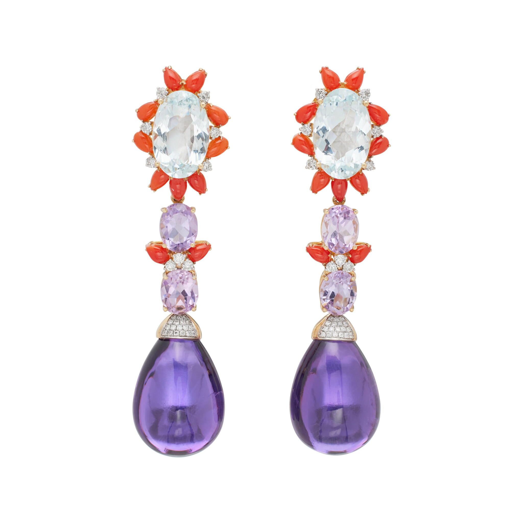 Gold, Aquamarine, Amethyst, Coral and Diamond Drop Earclips — view 1