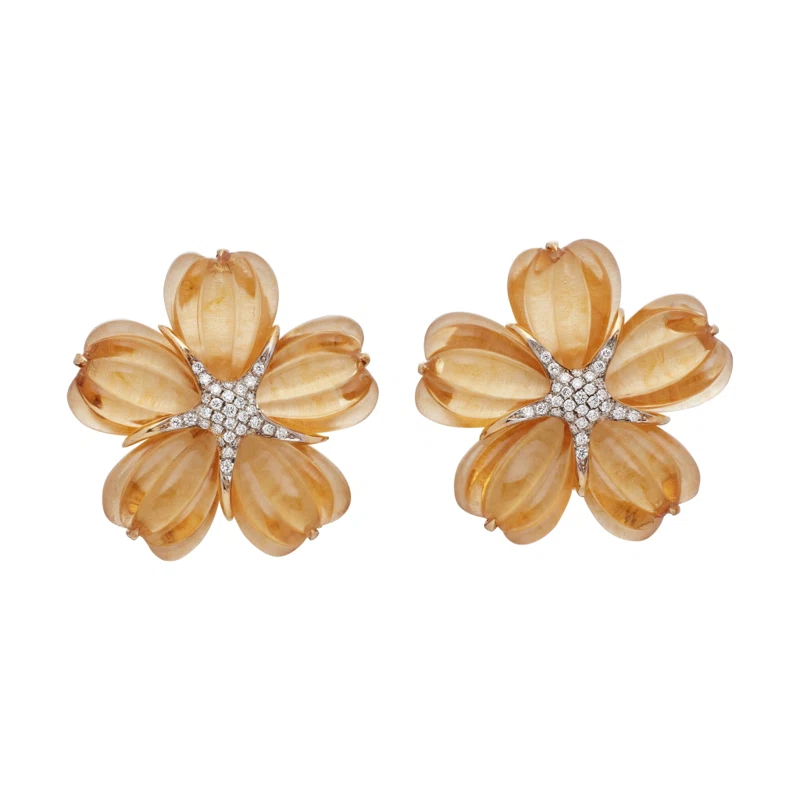 Gold, Citrine and Diamond Floral Earclips