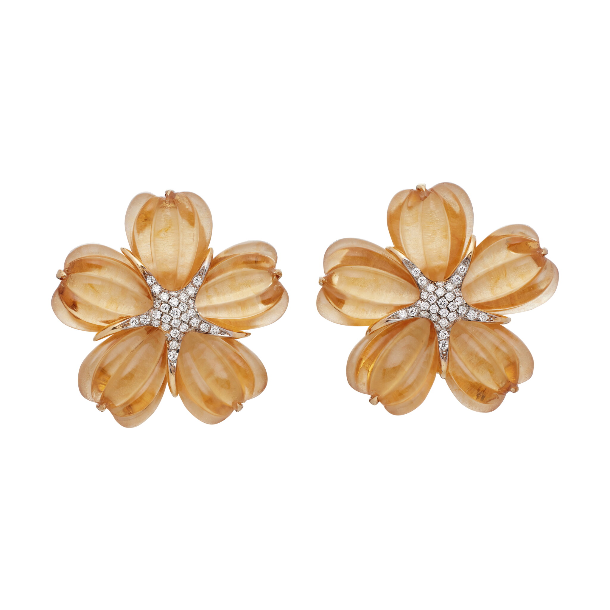 Gold, Citrine and Diamond Floral Earclips — view 1
