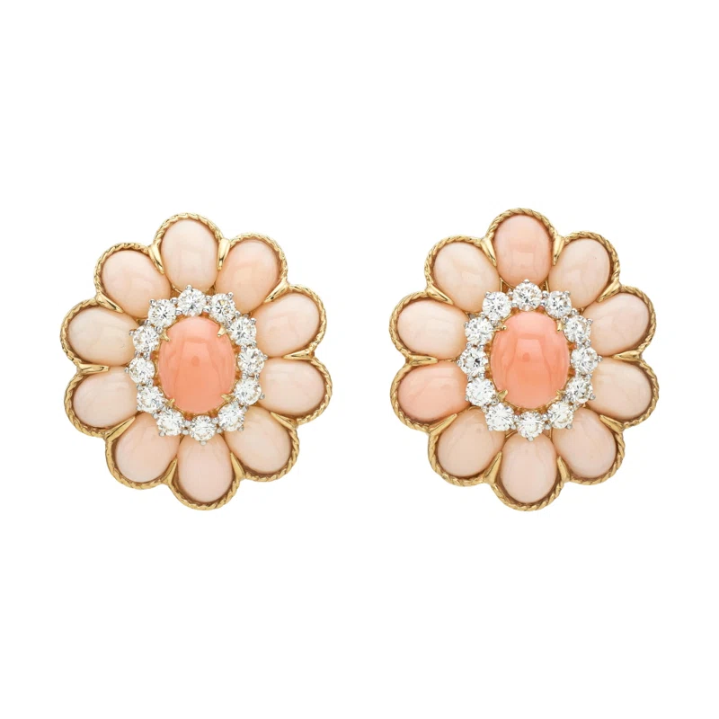 Gold, White Gold, Coral and Diamond Earclips