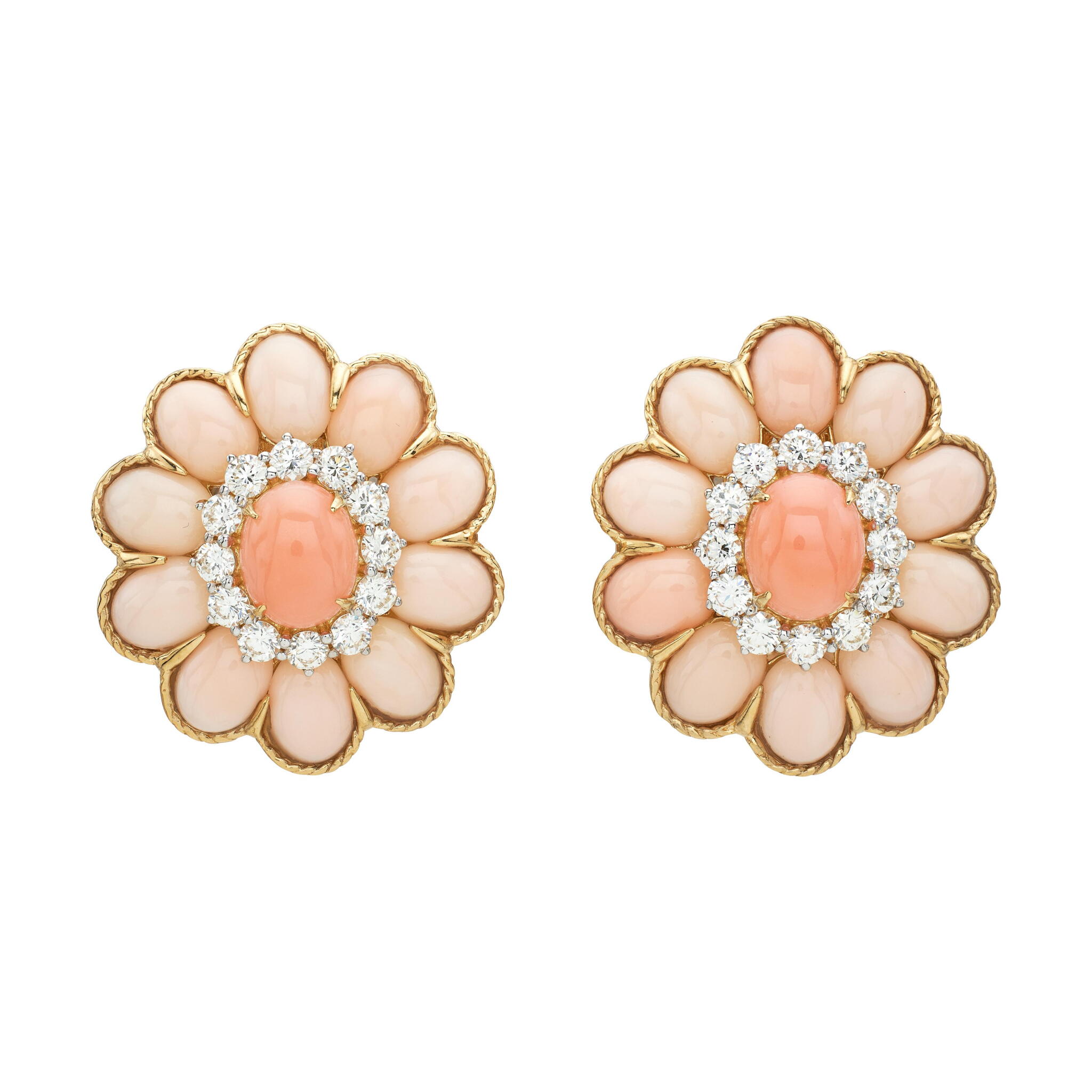 Gold, White Gold, Coral and Diamond Earclips — view 1
