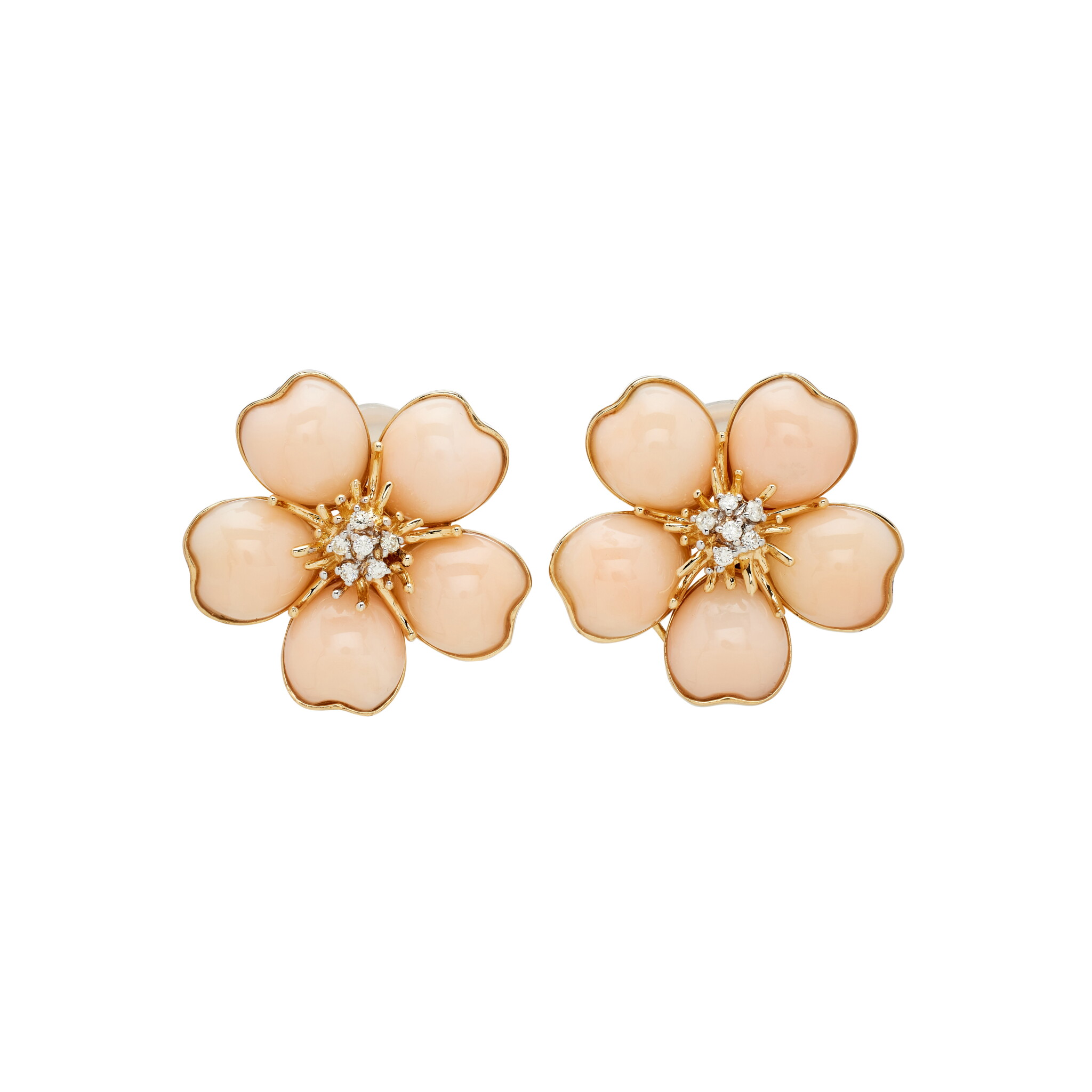 Gold, Coral and Diamond Floral Earclips — view 1