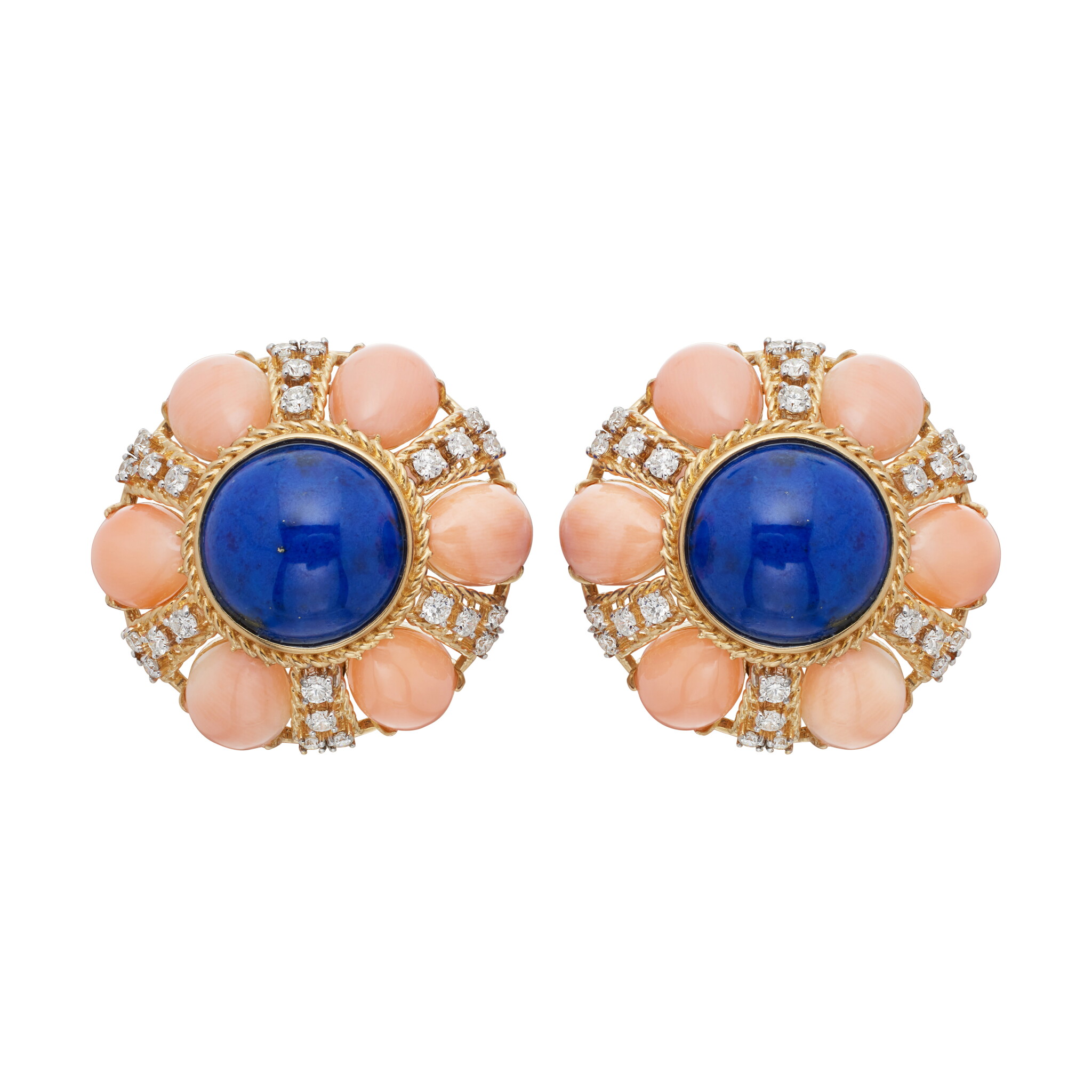 Gold, Coral, Lapis Lazuli and Diamond Earclips — view 1