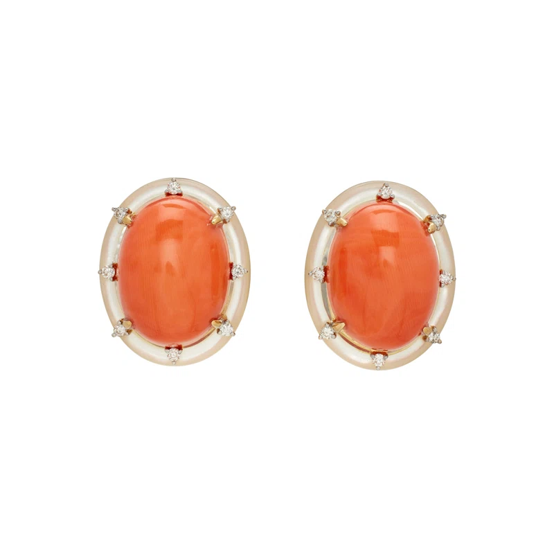 Gold, Coral, Mother of Pearl, and Diamond Earclips