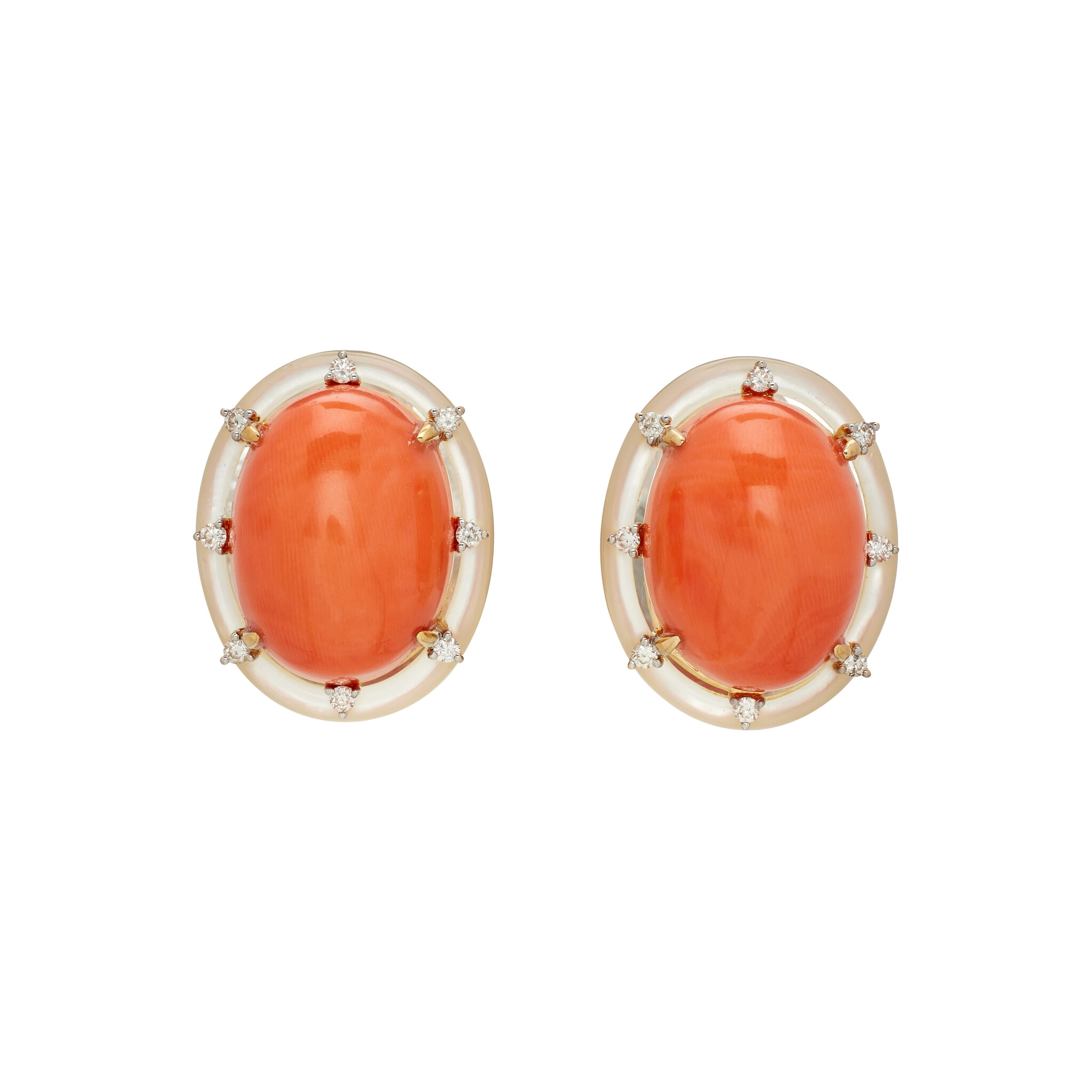 Gold, Coral, Mother of Pearl, and Diamond Earclips — view 1