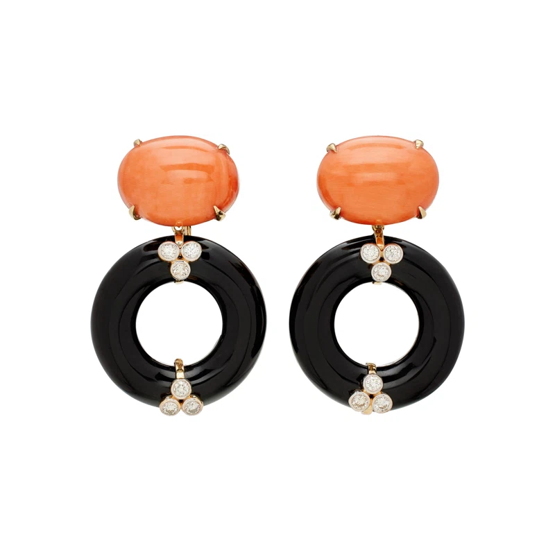 Gold, Coral, Onyx, and Diamond Drop Earrings