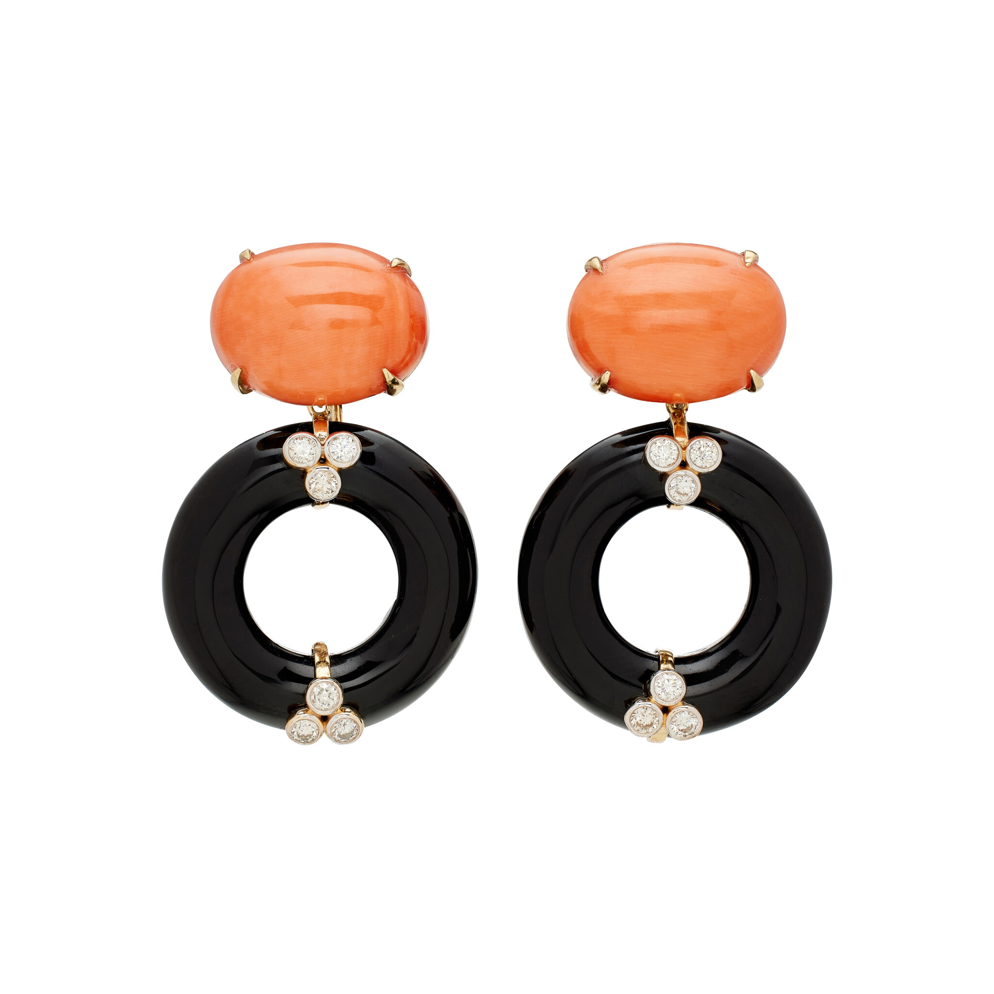 Gold, Coral, Onyx, and Diamond Drop Earrings — view 1