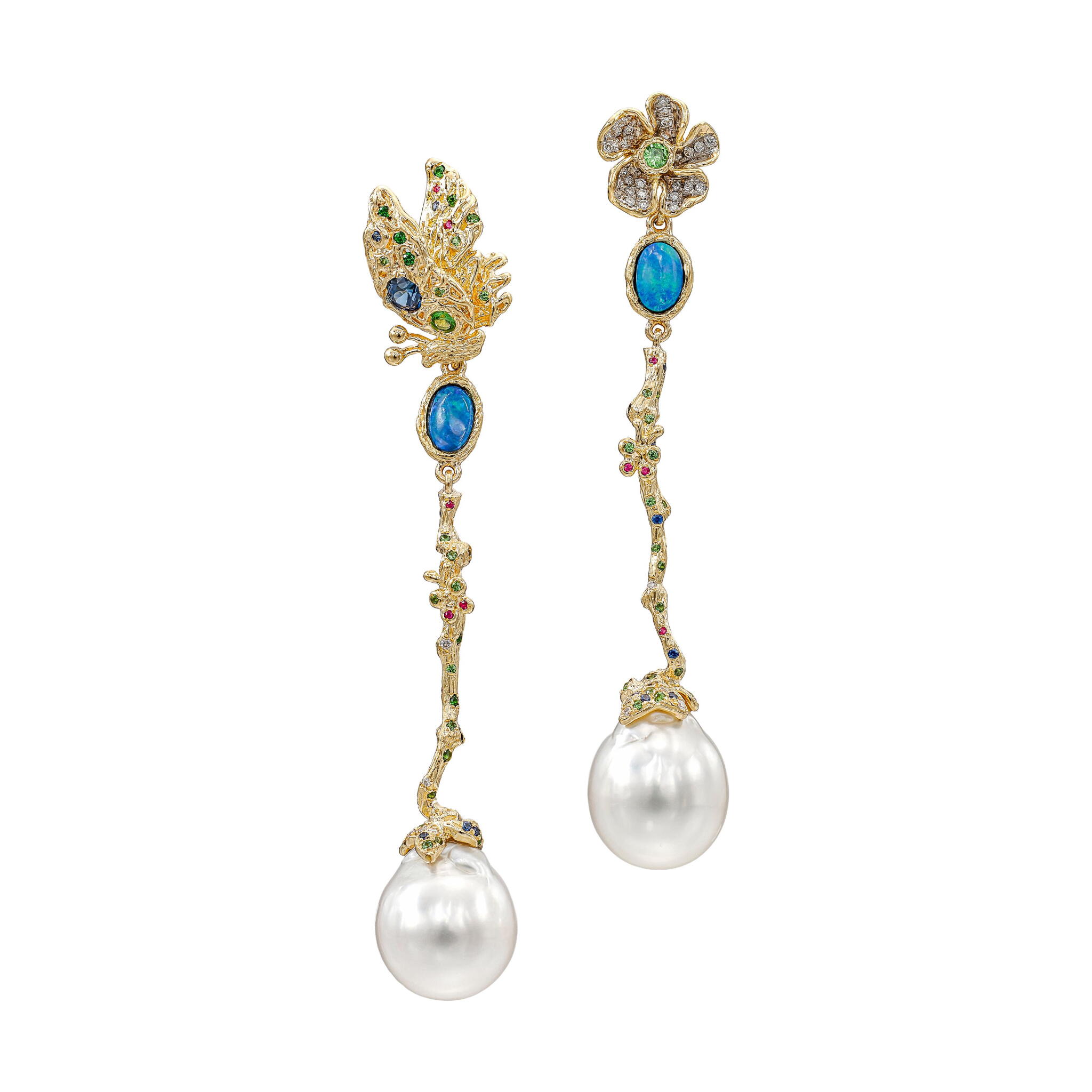 Gold, Cultured Baroque Pearl, Sapphire, Opal, Tsavorite Earrings — view 1