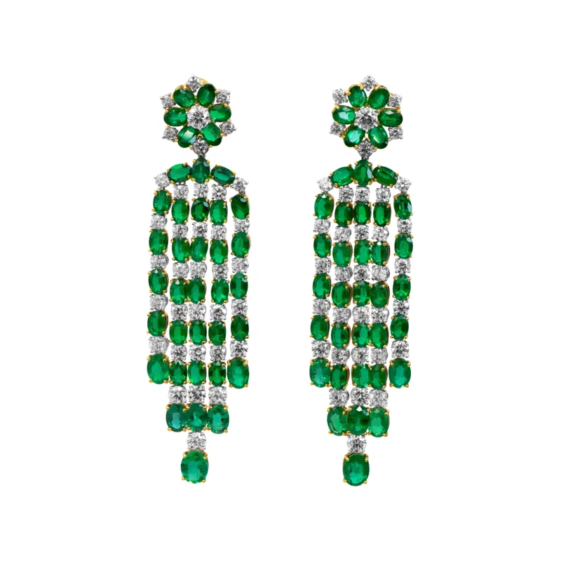 Gold, Emerald and Diamond Cascading Earclips