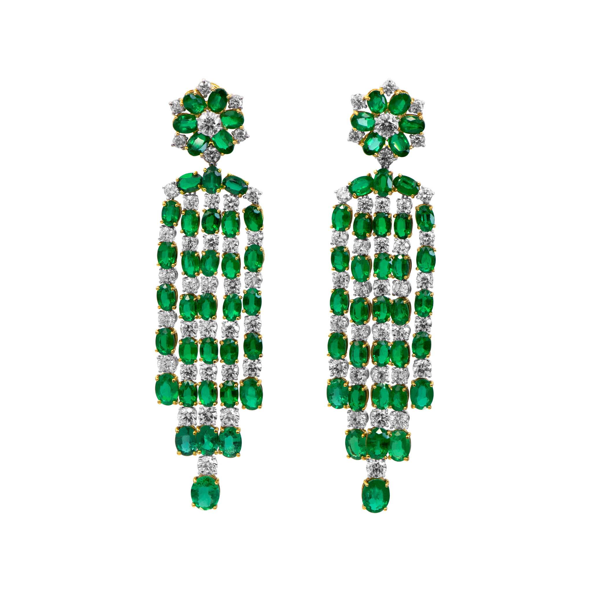 Gold, Emerald and Diamond Cascading Earclips — view 1