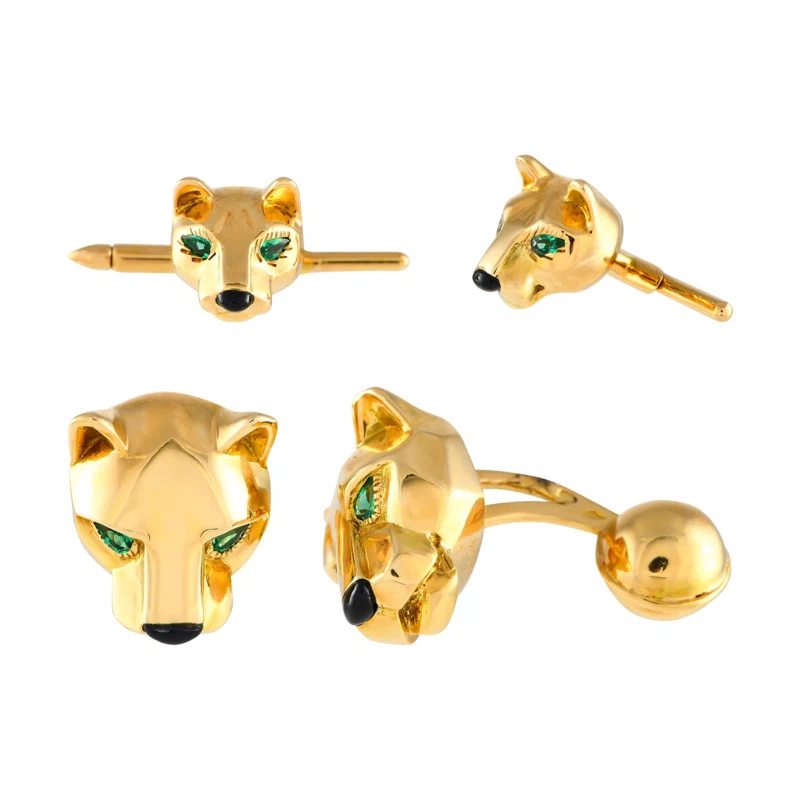 Gold, Emerald and Onyx Panthère Cufflinks and Shirt Studs Set