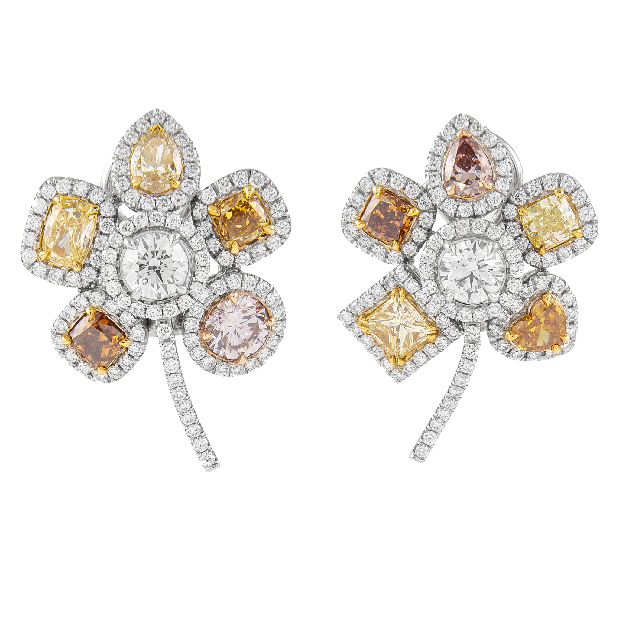 Gold, Fancy Color Diamond and Diamond Floral Earclips — view 1