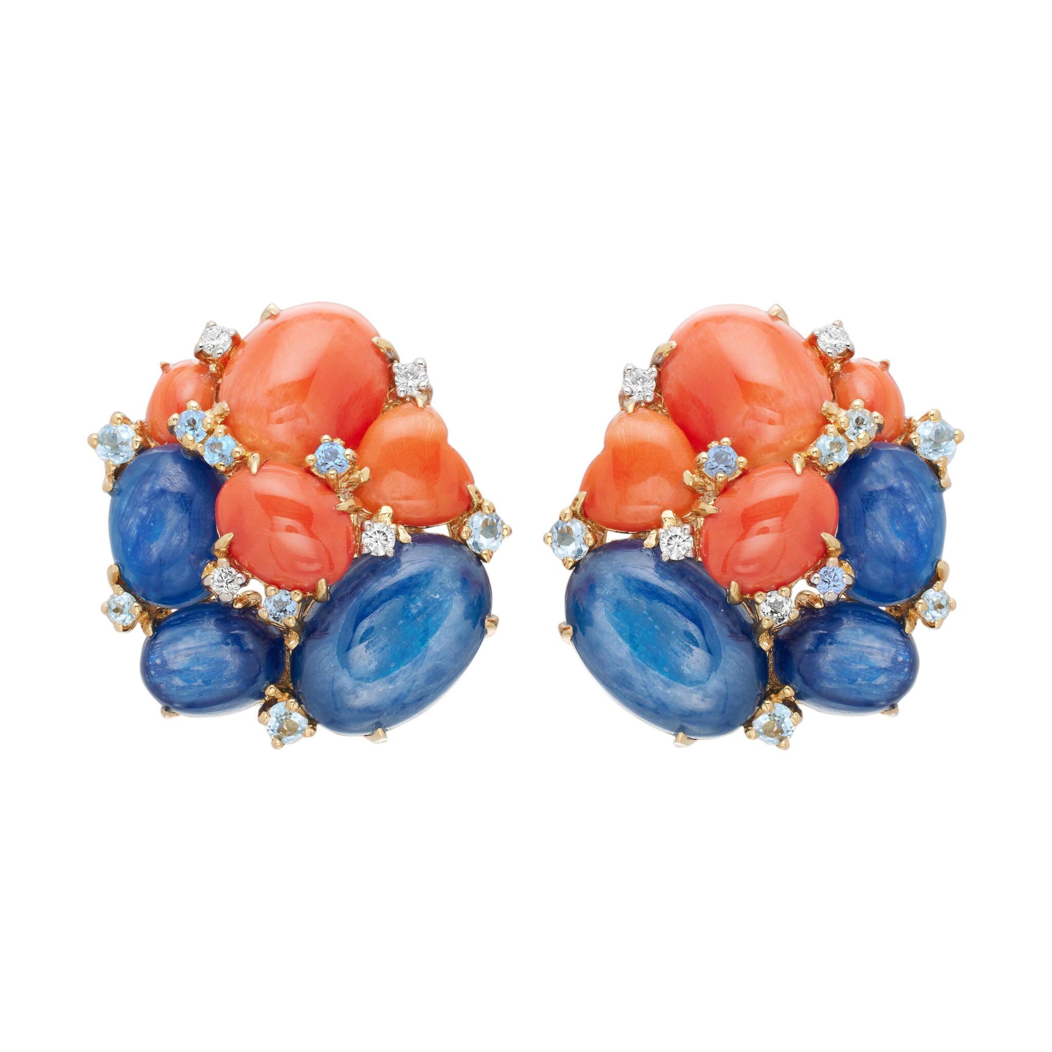 Gold, Kyanite, Coral, Topaz and Diamond Earclips — view 1