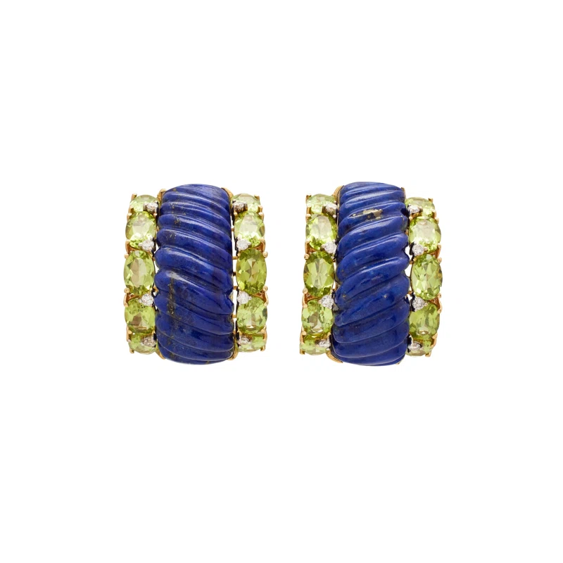 Gold, Lapis Lazuli, Peridot, and Diamond Earclips