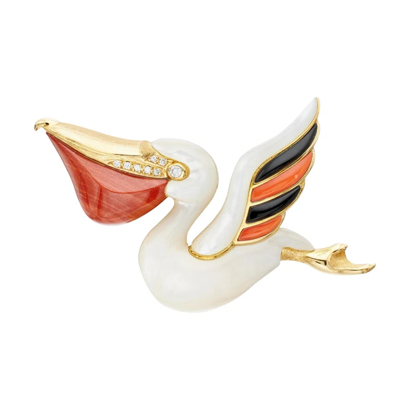 Gold, Mother of Pearl, Chalcedony, Jasper, and Diamond Pelican Brooch
