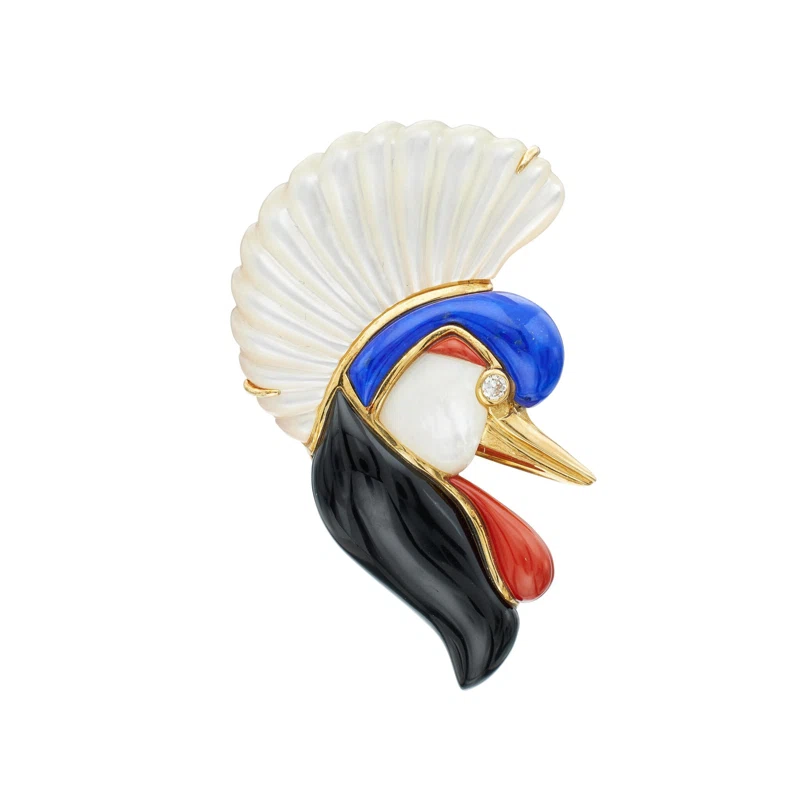Gold, Mother of Pearl, Lapis Lazuli, Onyx, Jasper and Diamond Bird Brooch