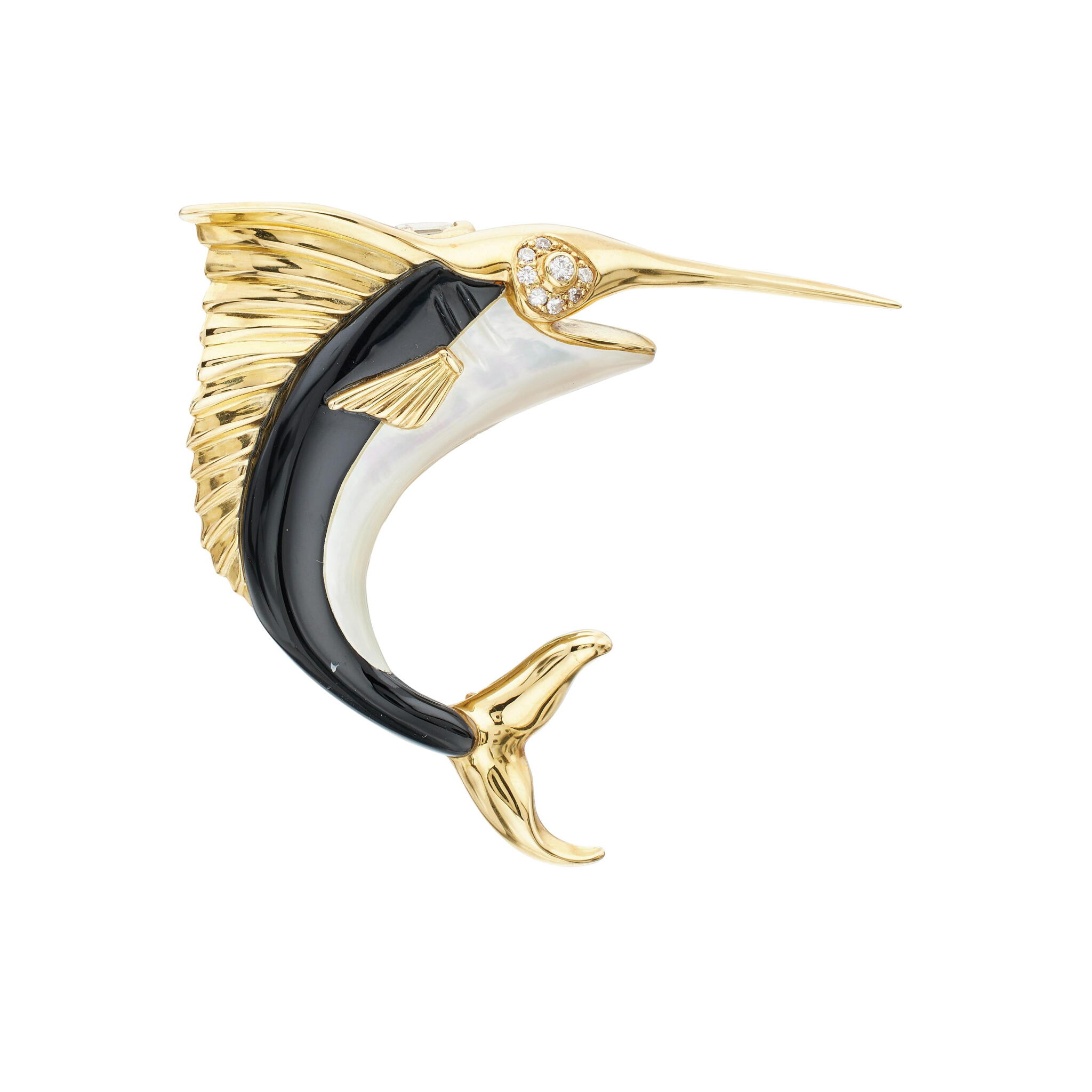 Gold, Mother of Pearl, Onyx and Diamond Swordfish Brooch — view 1