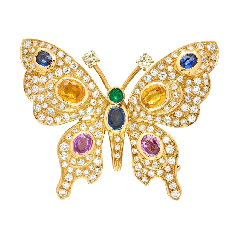 Gold, Multicolor Sapphire, Emerald, Diamond and Yellow Diamond Butterfly Brooch
