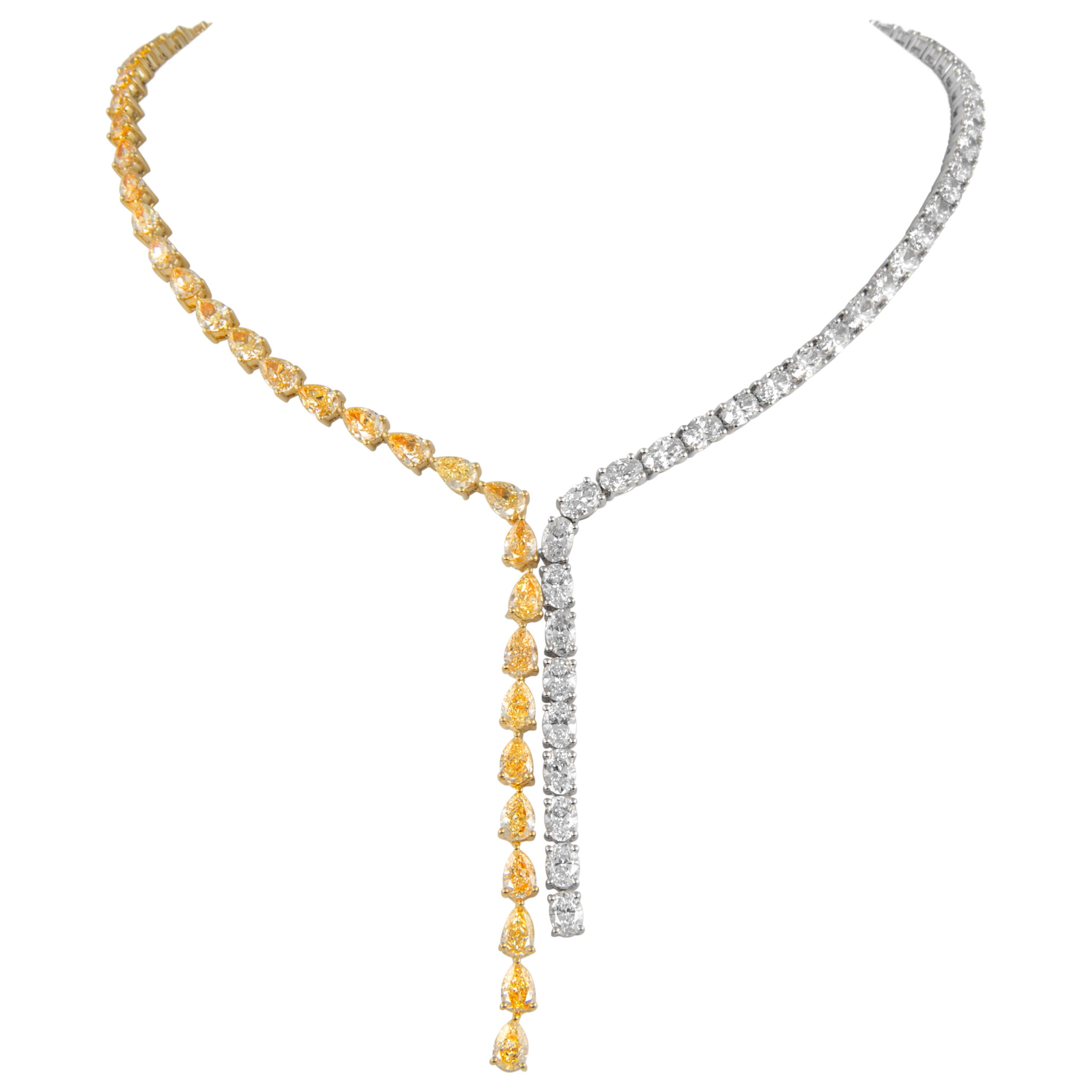 Gold, Pear Cut Yellow Diamond and Oval Cut Diamond Waterfall Collar Necklace — view 1