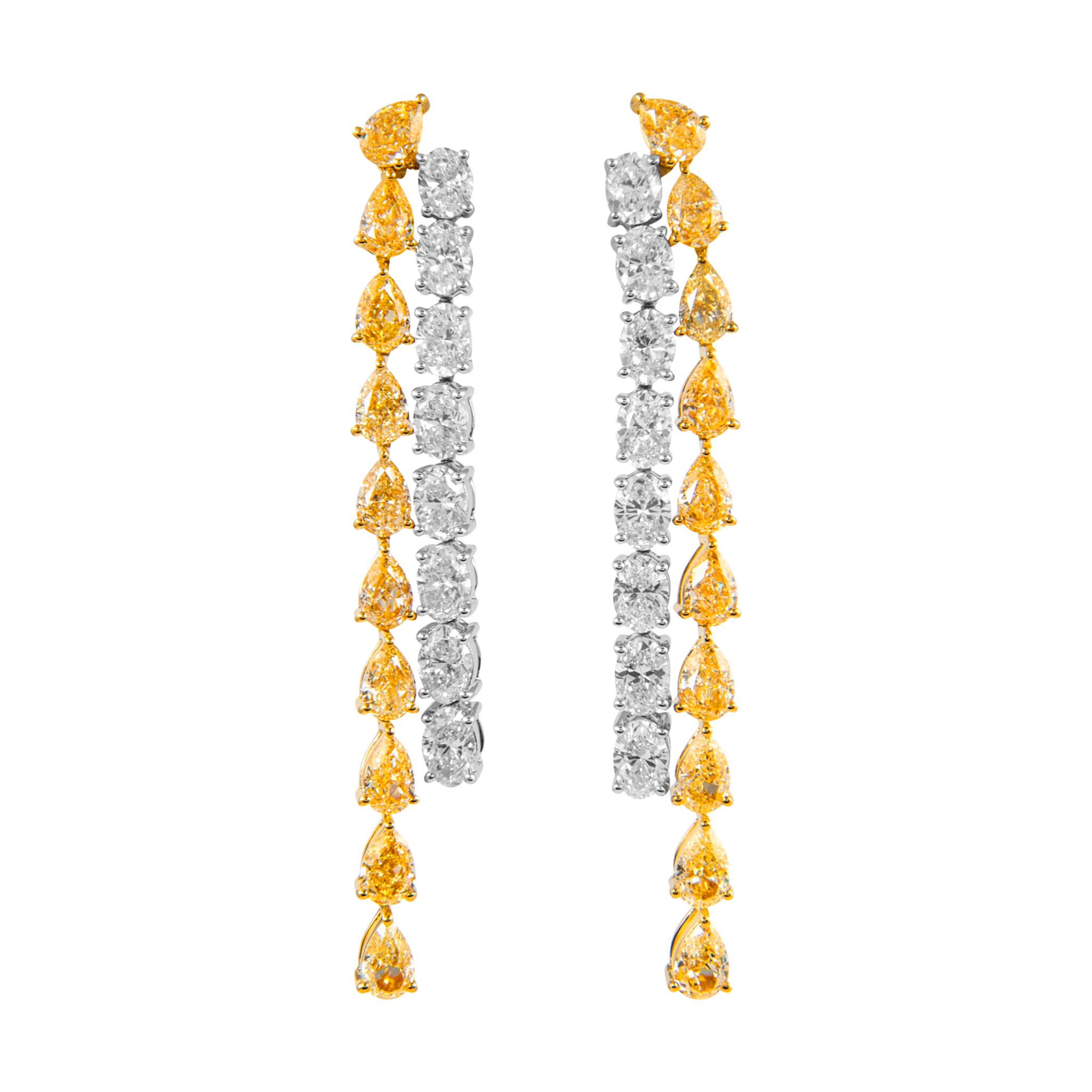 Gold, Pear Shape Yellow Diamond and Oval Cut Diamond Waterfall Drop Earrings — view 1