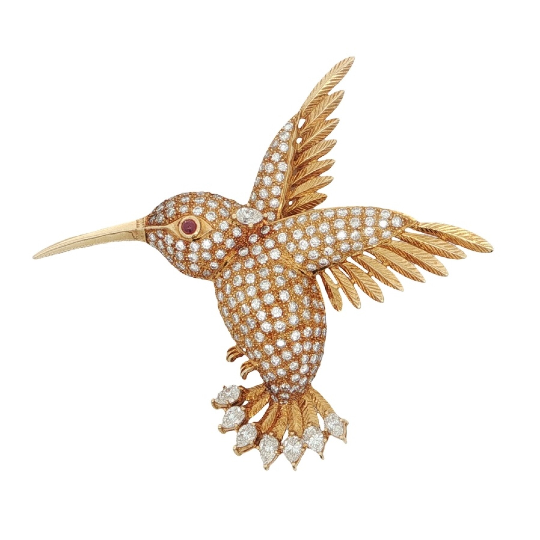 Gold, Ruby and Diamond Hummingbird Brooch — view 1