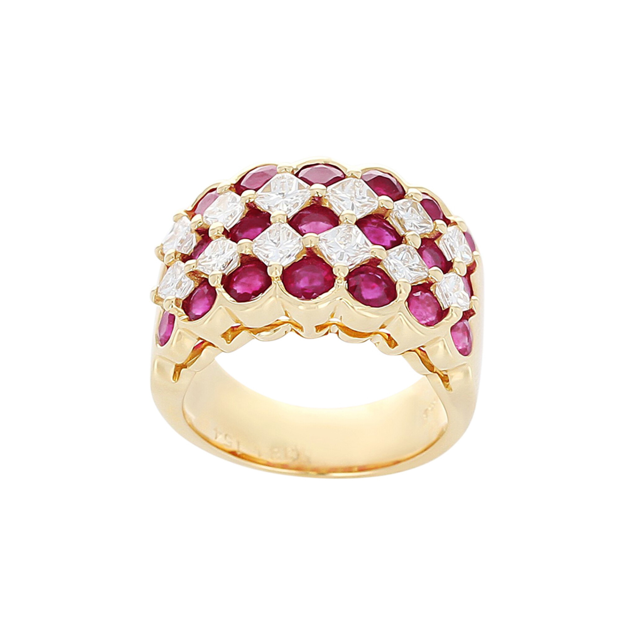 Gold, Ruby and Diamond Lattice Ring — view 1