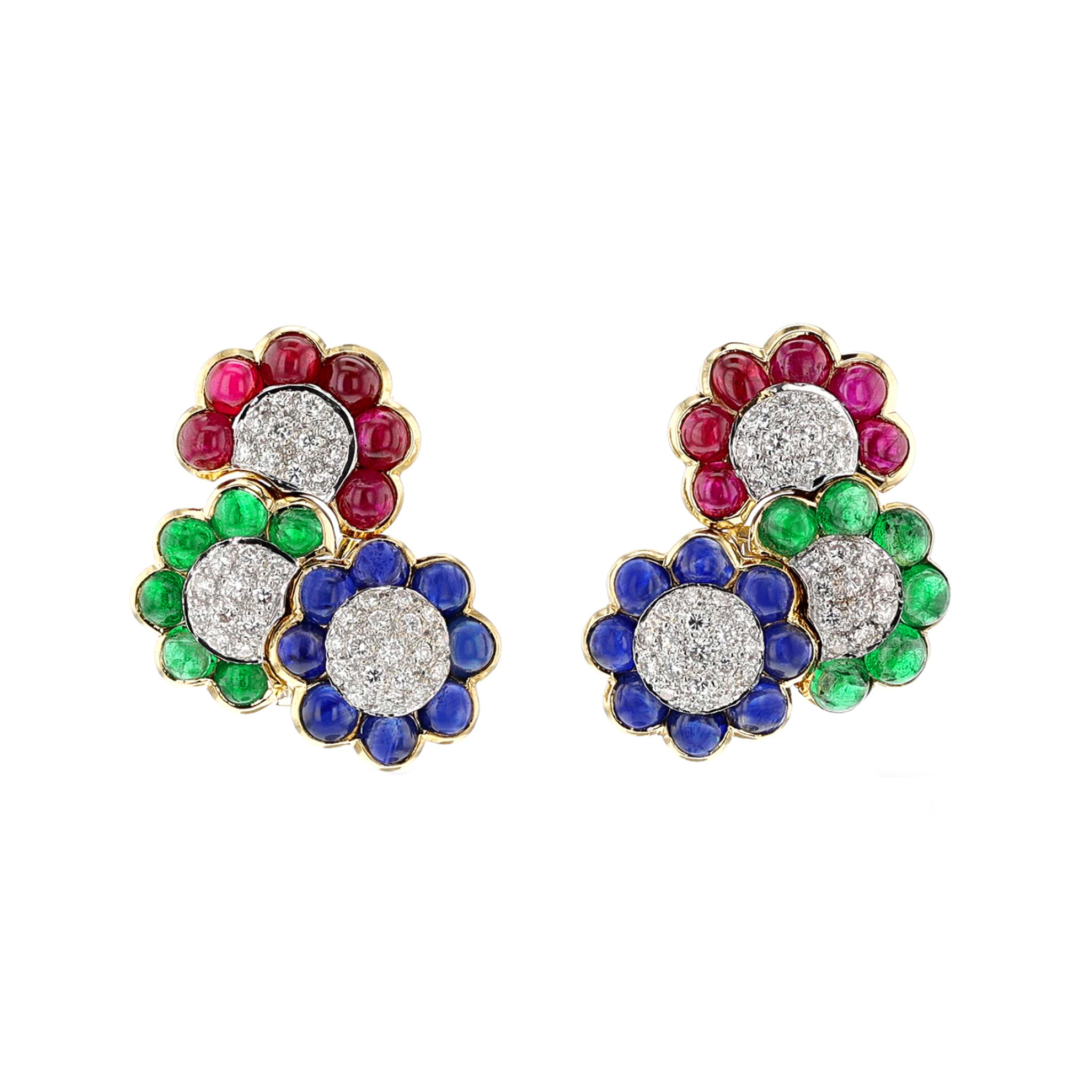 Gold, Ruby, Emerald, Sapphire and Diamond Flower Earclips — view 1