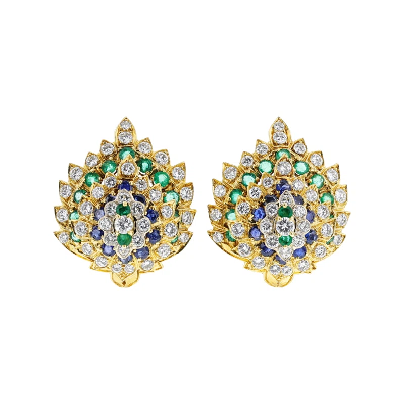 Gold, Sapphire, Emerald and Diamond Earclips