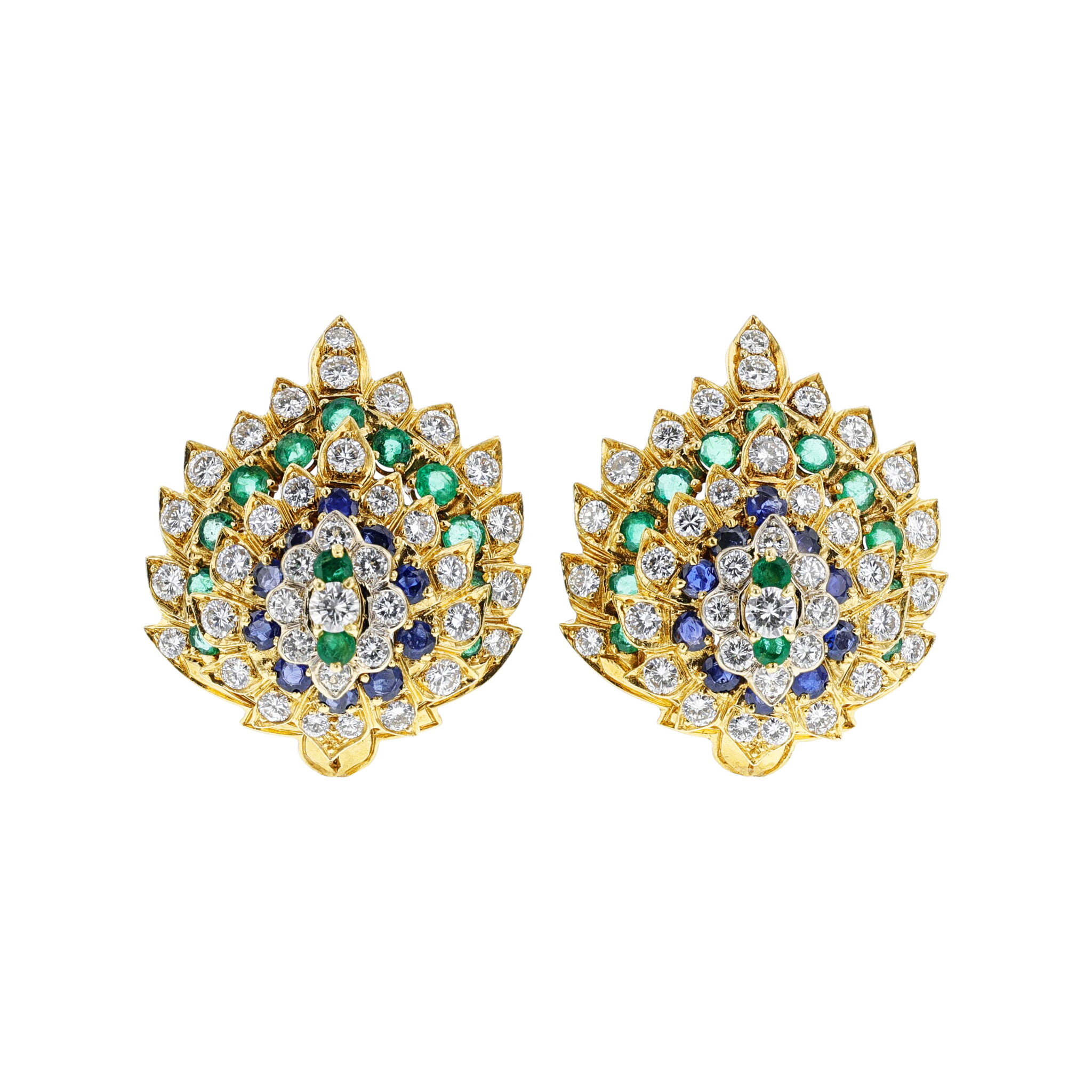 Gold, Sapphire, Emerald and Diamond Earclips — view 1