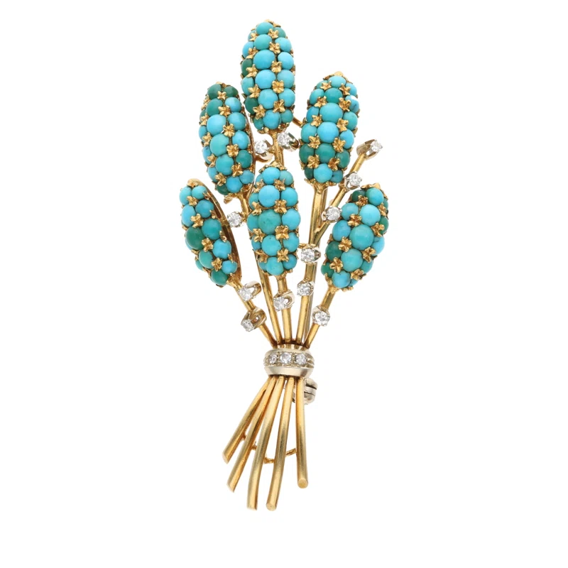 Gold, Turquoise and Diamond Brooch