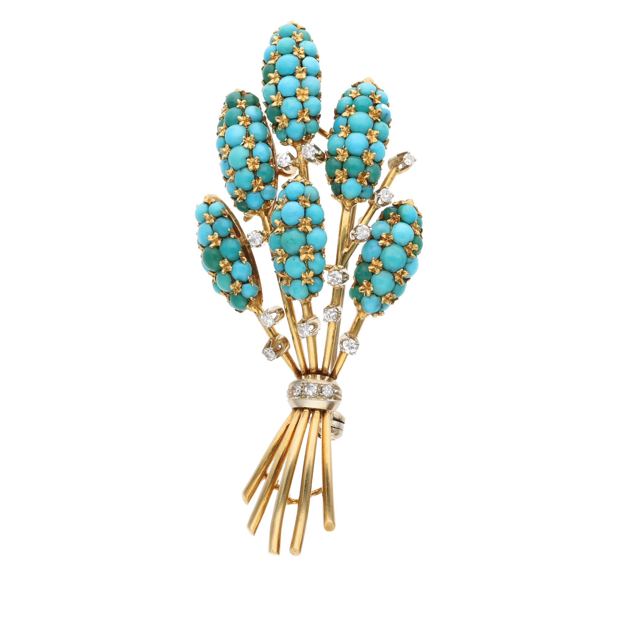 Gold, Turquoise and Diamond Brooch — view 1