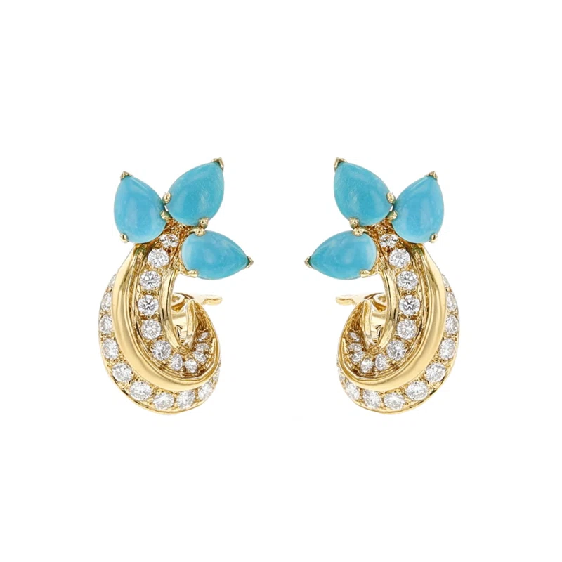 Gold, Turquoise and Diamond Earclips