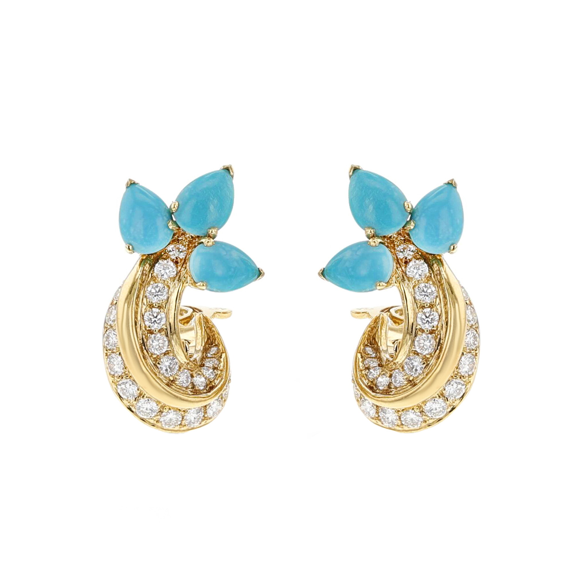 Gold, Turquoise and Diamond Earclips — view 1