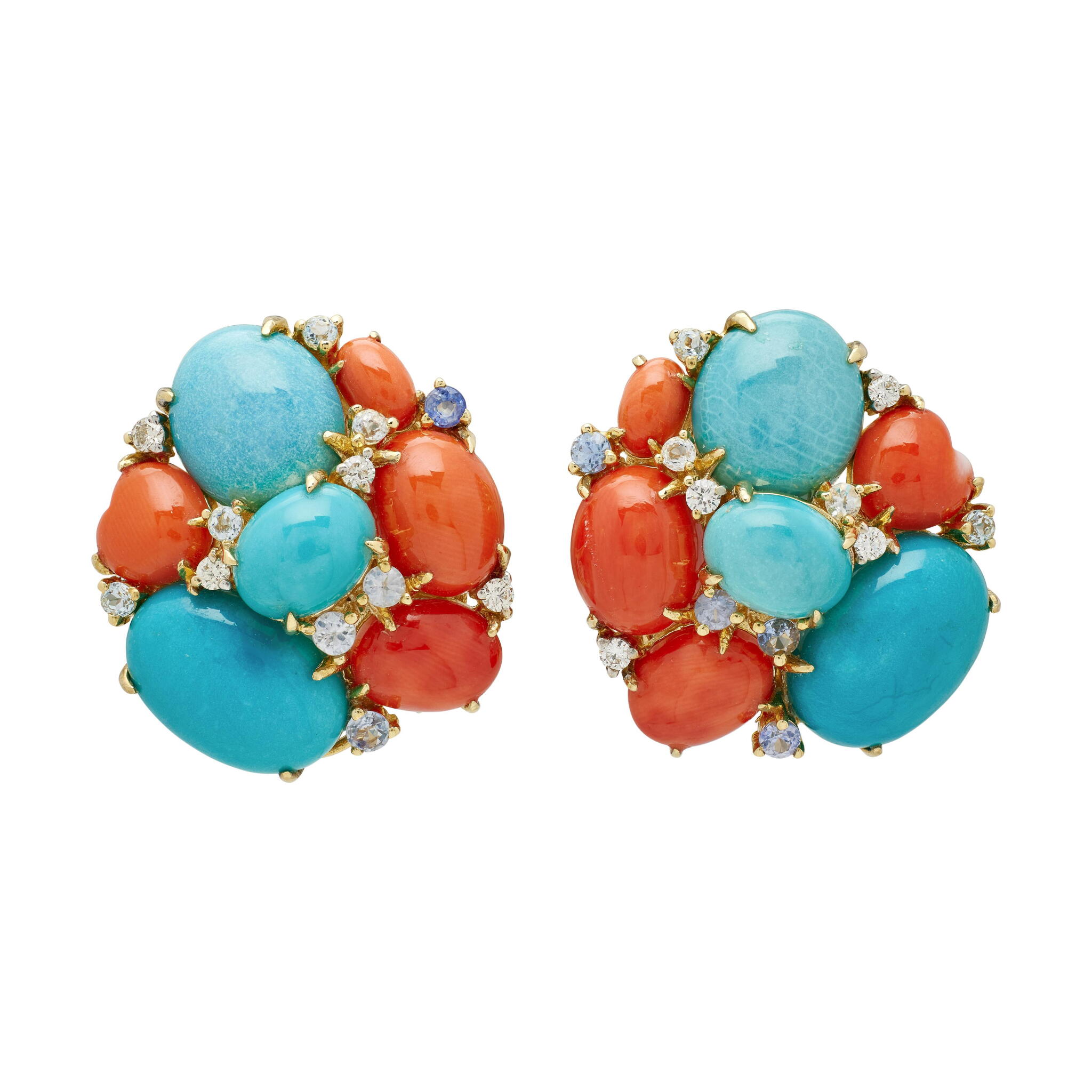 Gold, Turquoise, Coral, Sapphire, Topaz, and Diamond Earclips — view 1