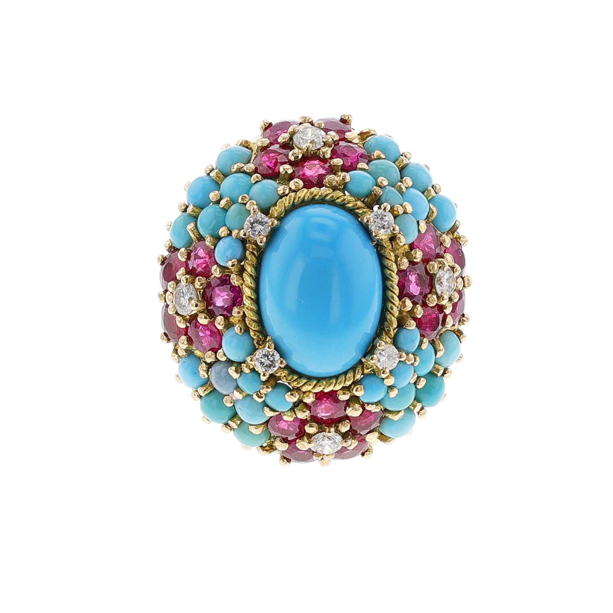 Gold, Turquoise, Ruby and Diamond Cocktail Ring — view 1