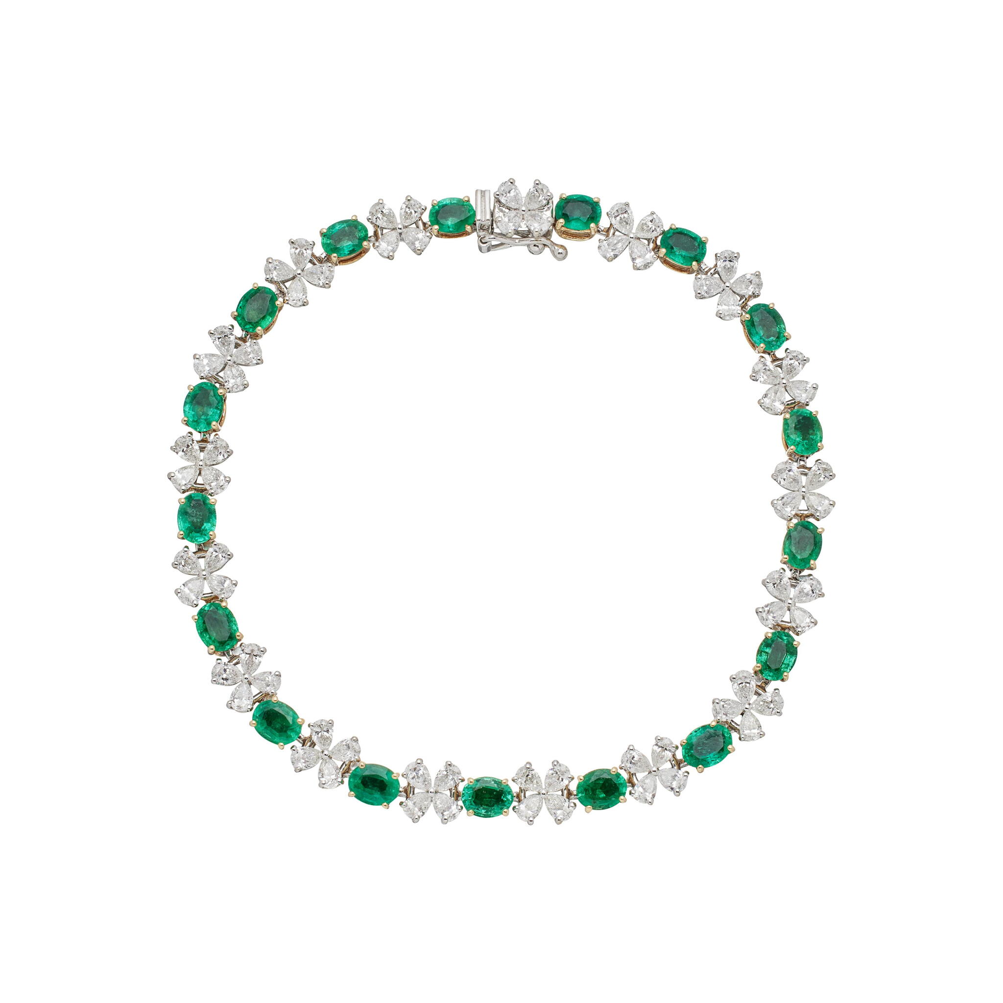 Gold, White Gold, Emerald and Diamond Tennis Bracelet — view 1