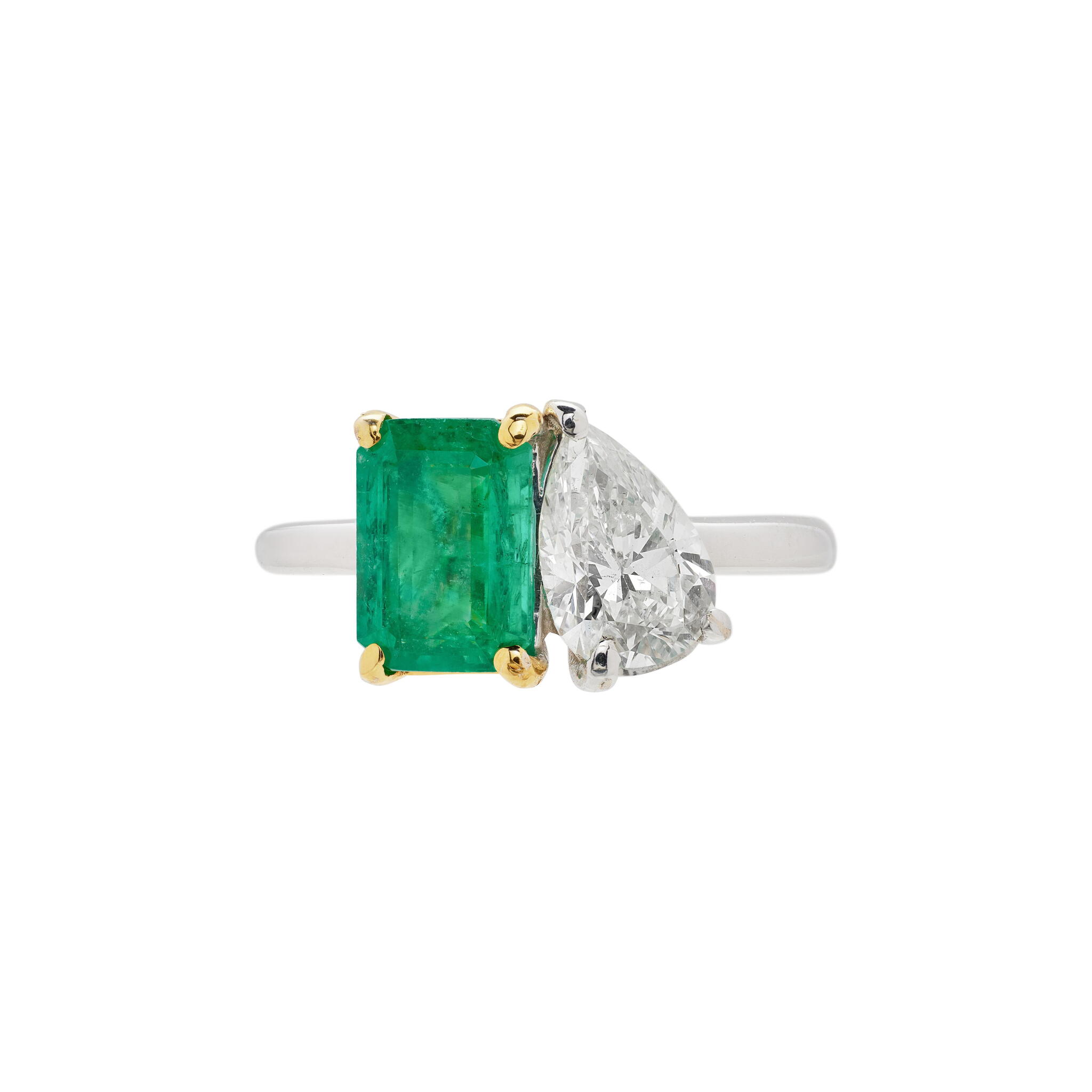 Gold, White Gold, Emerald and Diamond Toi et Moi Ring — view 1