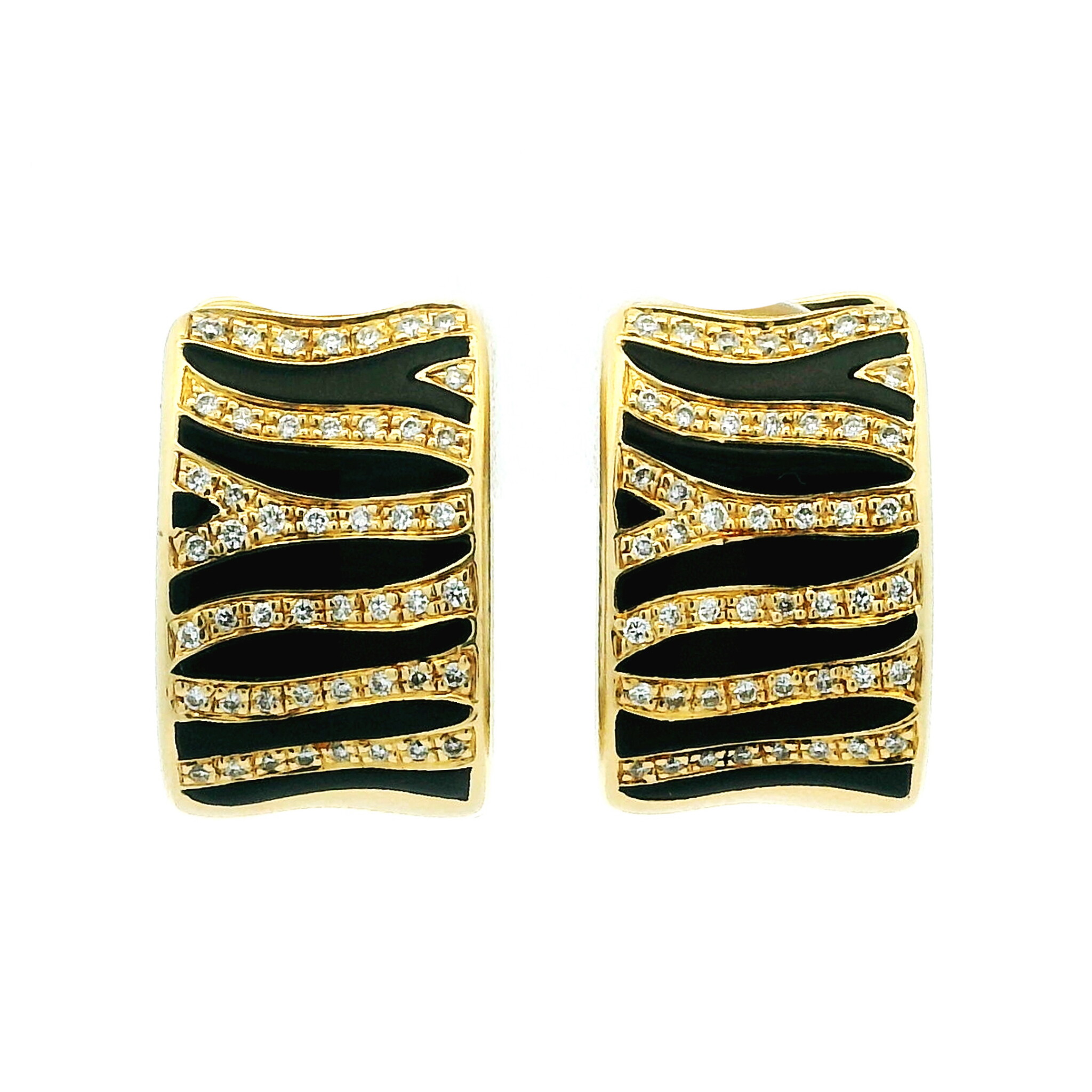 Gold, White Gold, Onyx and Diamond Hoop Earclips — view 1