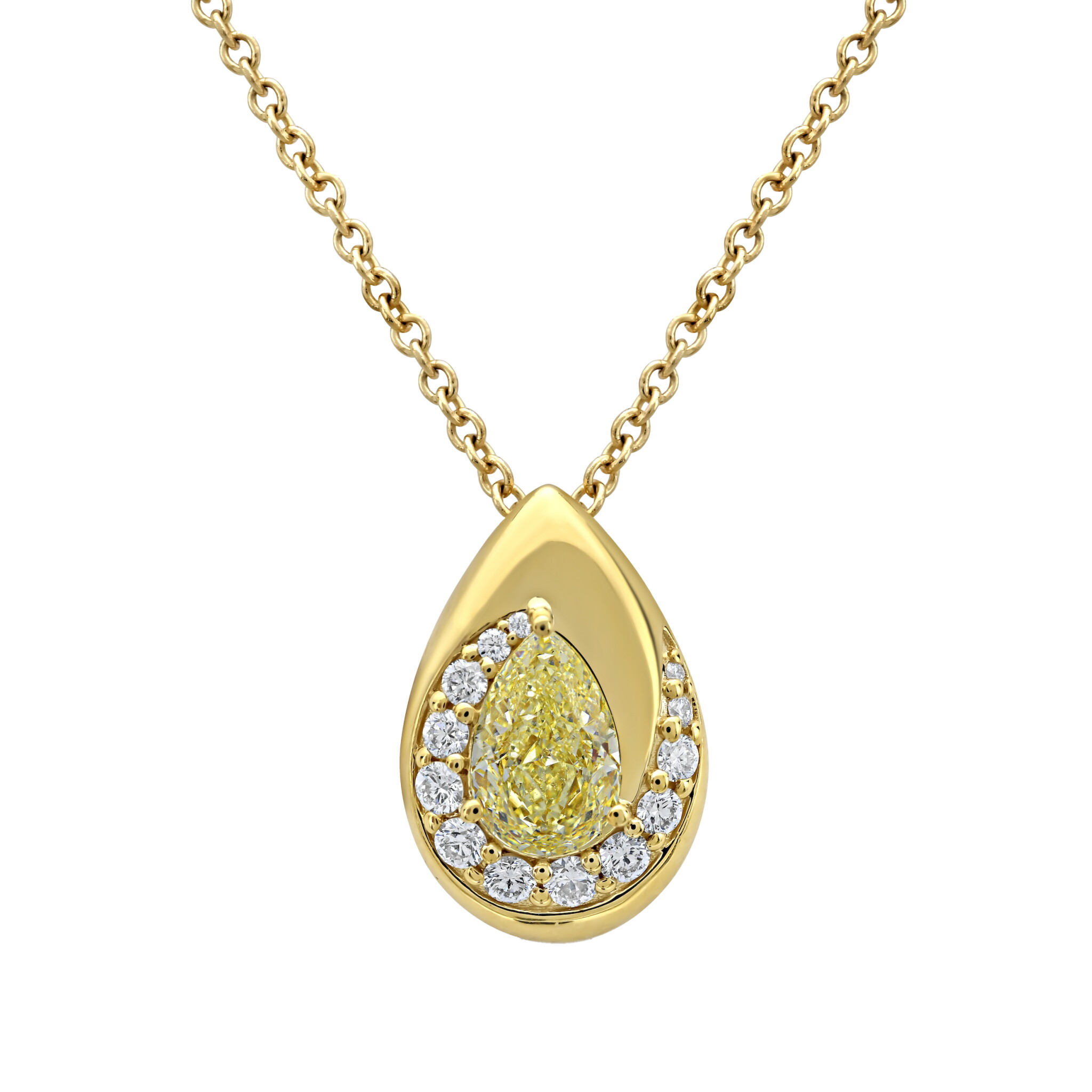 Gold, 1.19ct Pear Shape Fancy Light Yellow Diamond and Diamond Pendant Necklace — view 1