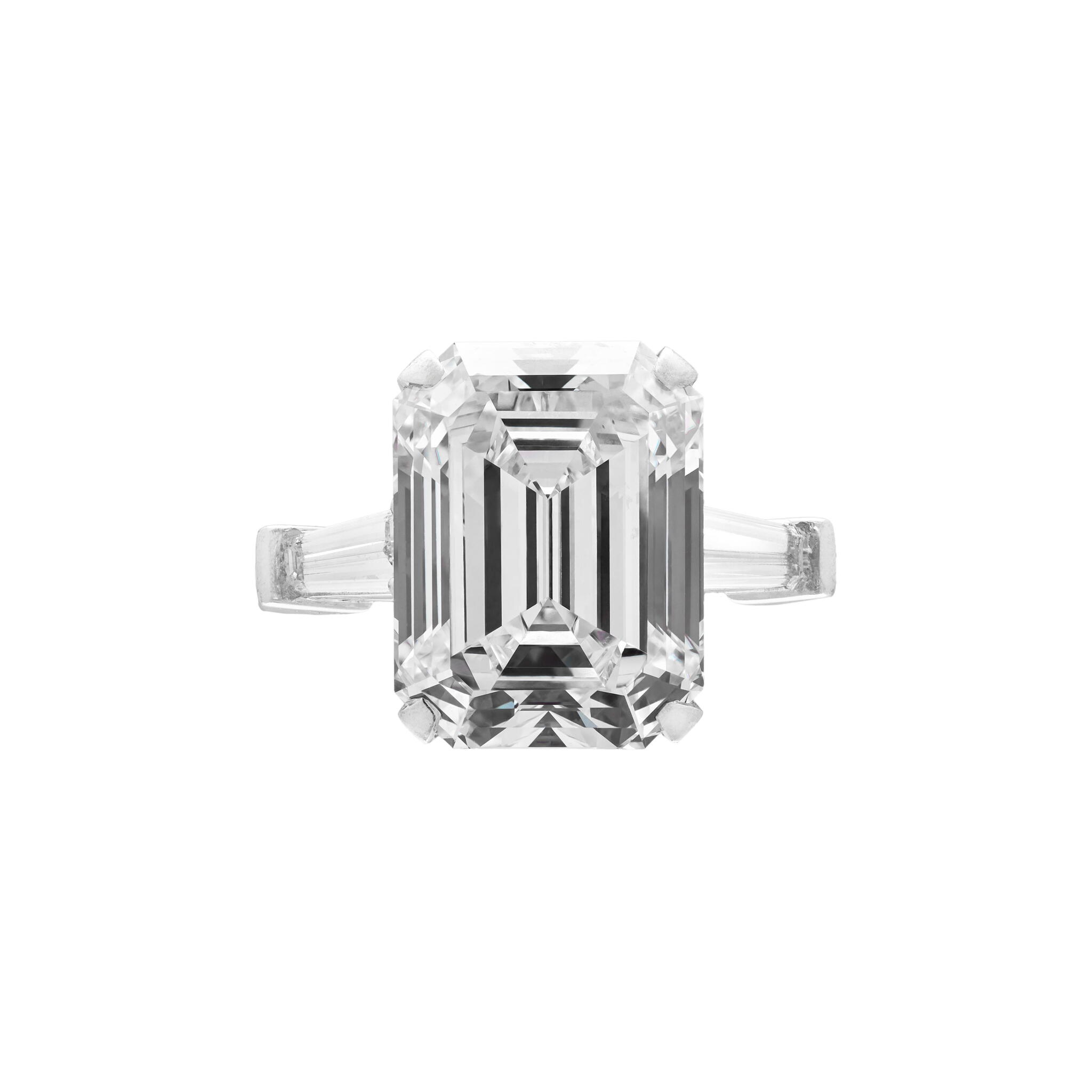 Platinum, 8.50ct Emerald Cut Diamond and Diamond Engagement Ring — view 1