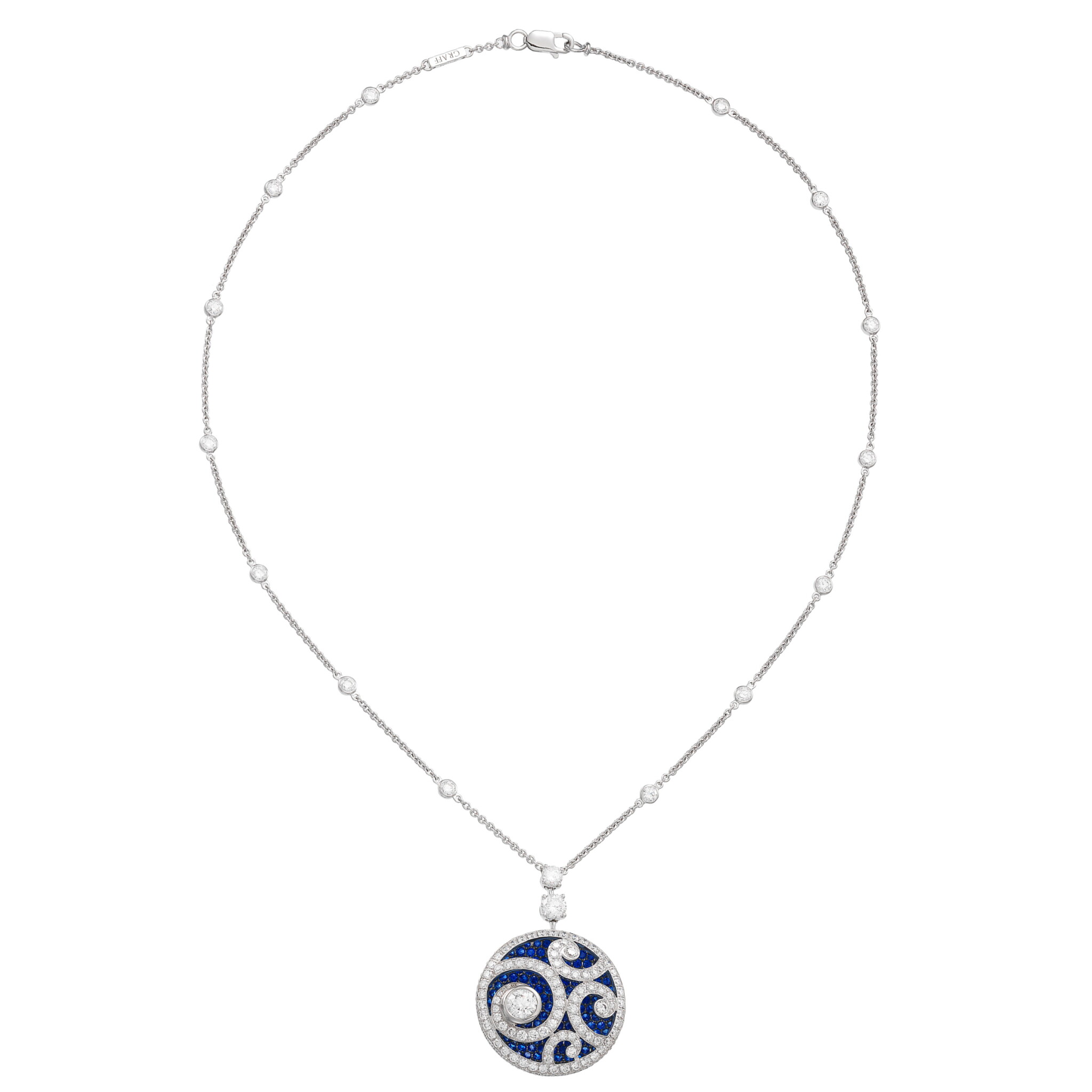 White Gold, Sapphire and Diamond Medallion Pendant Necklace — view 1