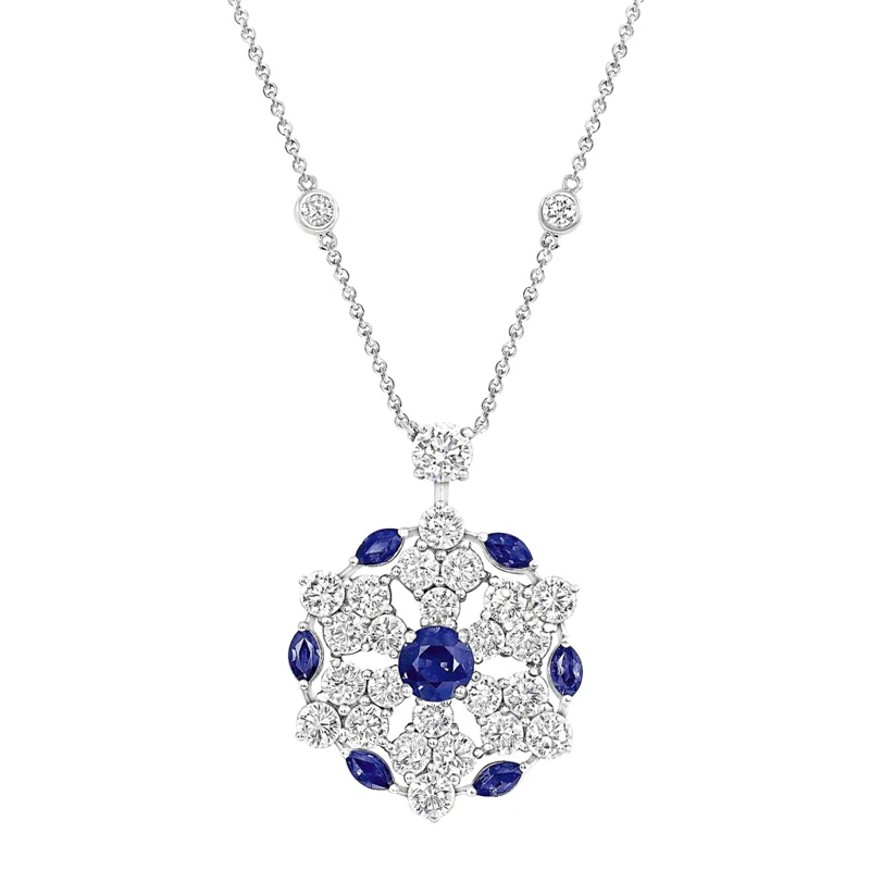 White Gold, Sapphire and Diamond Snowflake Necklace