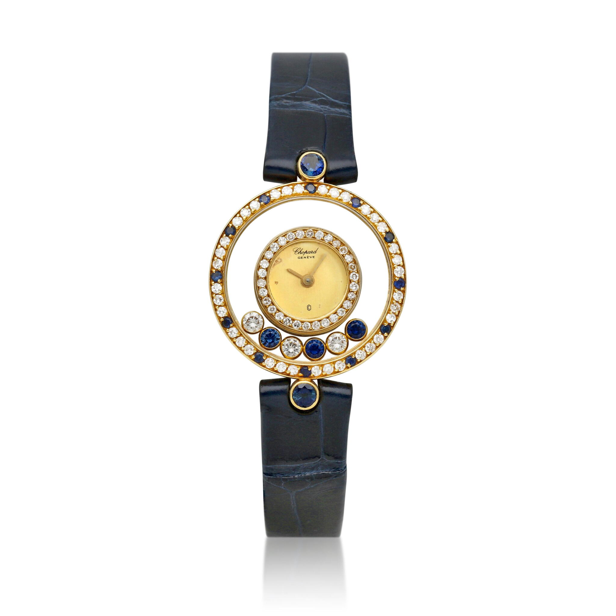 Happy Diamond (Reference 218837). A 23mm yellow gold sapphire and diamond-set quartz wristwatch. Circa 1990 — view 1