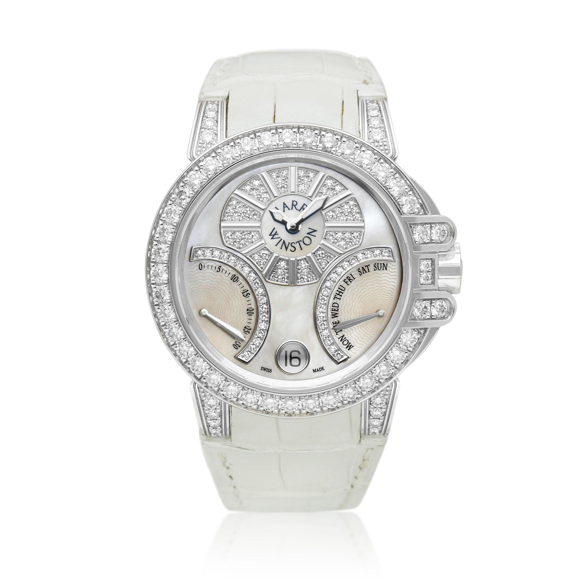 Ocean Biretrograde (Reference 400-UABI36W). A white gold and diamond-set automatic wristwatch with retrograde day, second and mother-of-pearl dial. Circa 2007 — view 1