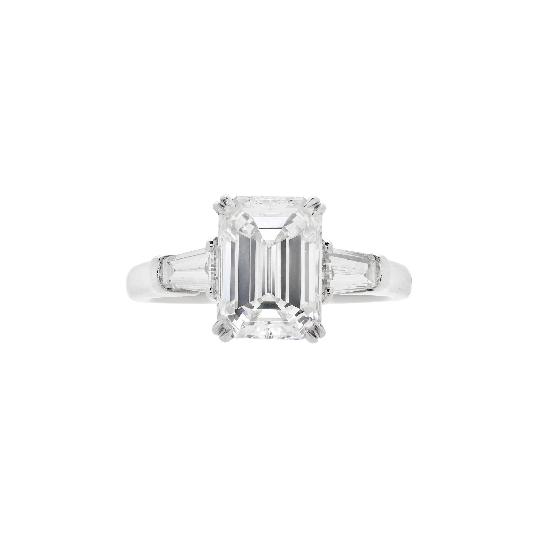 Platinum, 2.12ct Emerald Cut Diamond and Diamond Engagement Ring — view 1